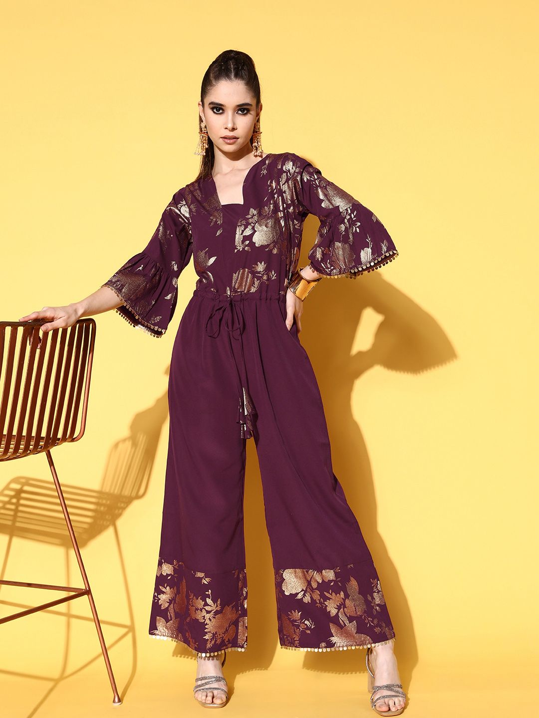 Ahalyaa Burgundy & Gold-Toned Bell Sleeves Printed Ethnic Jumpsuit With Waist Tie-Ups Price in India