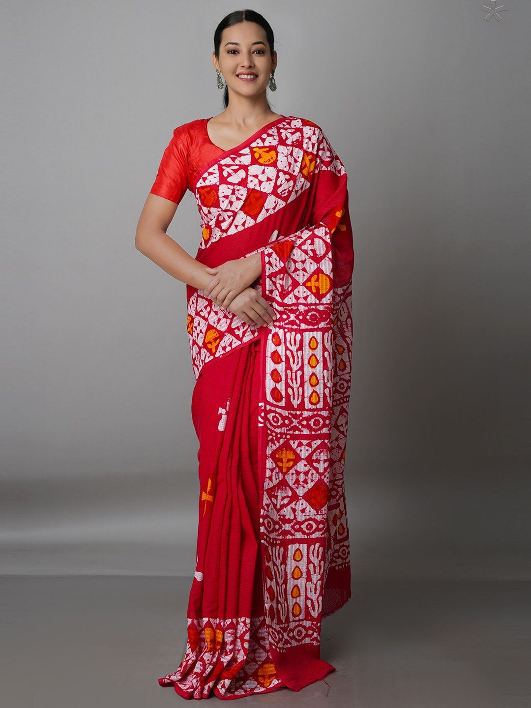 Unnati Silks Red & White Batik Pure Cotton Kota Saree Price in India