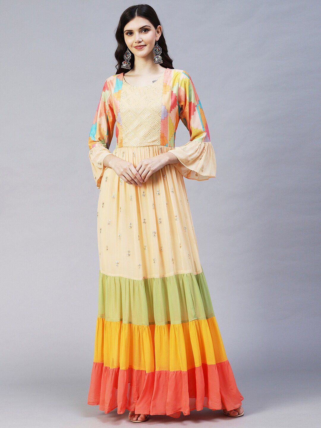 FASHOR Cream-Coloured Colourblocked Georgette Ethnic Maxi Dress Price in India