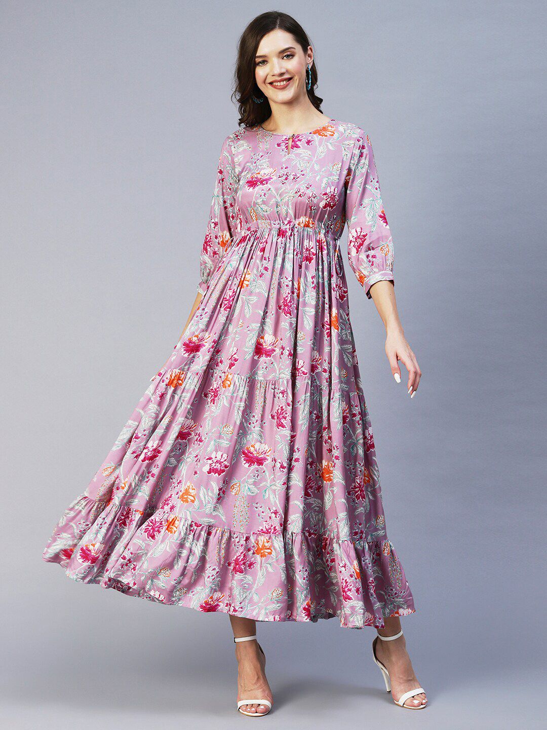FASHOR Lavender Floral Ethnic Maxi Dress Price in India