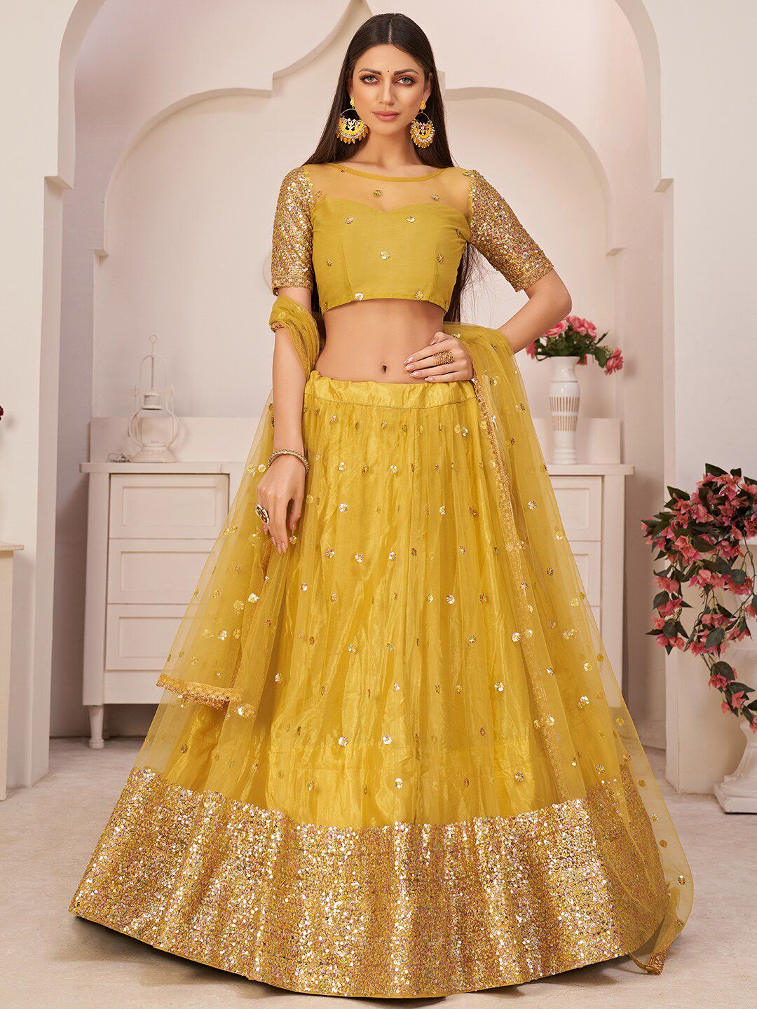 FABPIXEL Yellow & Gold-Toned Embroidered Sequinned Semi-Stitched Lehenga & Unstitched Blouse With Dupatta Price in India