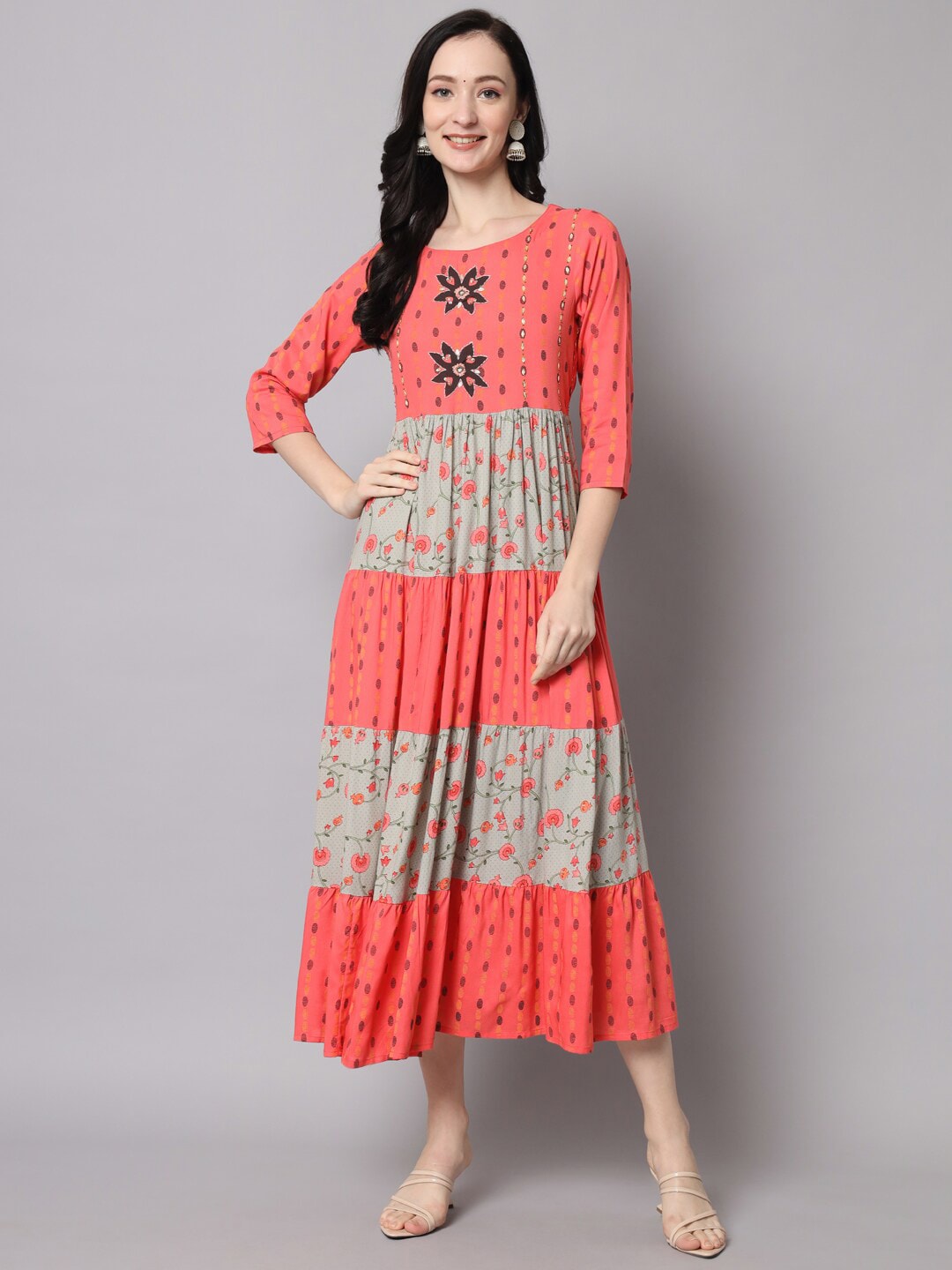 KALINI Peach-Coloured Ethnic Motifs Midi Dress Price in India