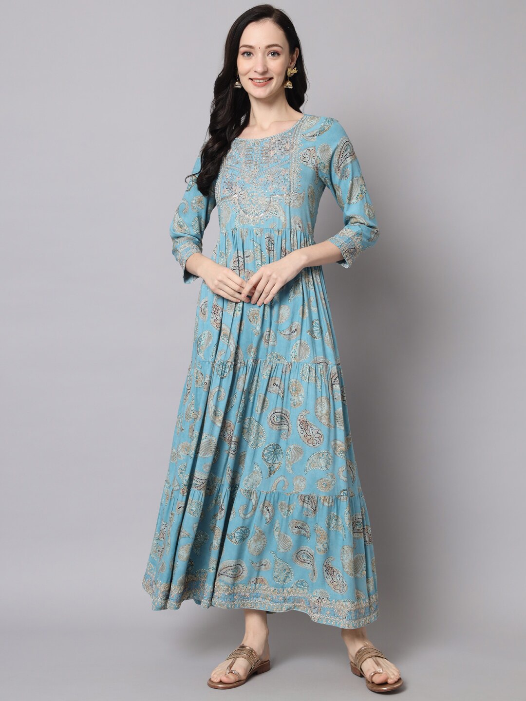 KALINI Turquoise Blue Floral Ethnic Maxi Dress Price in India