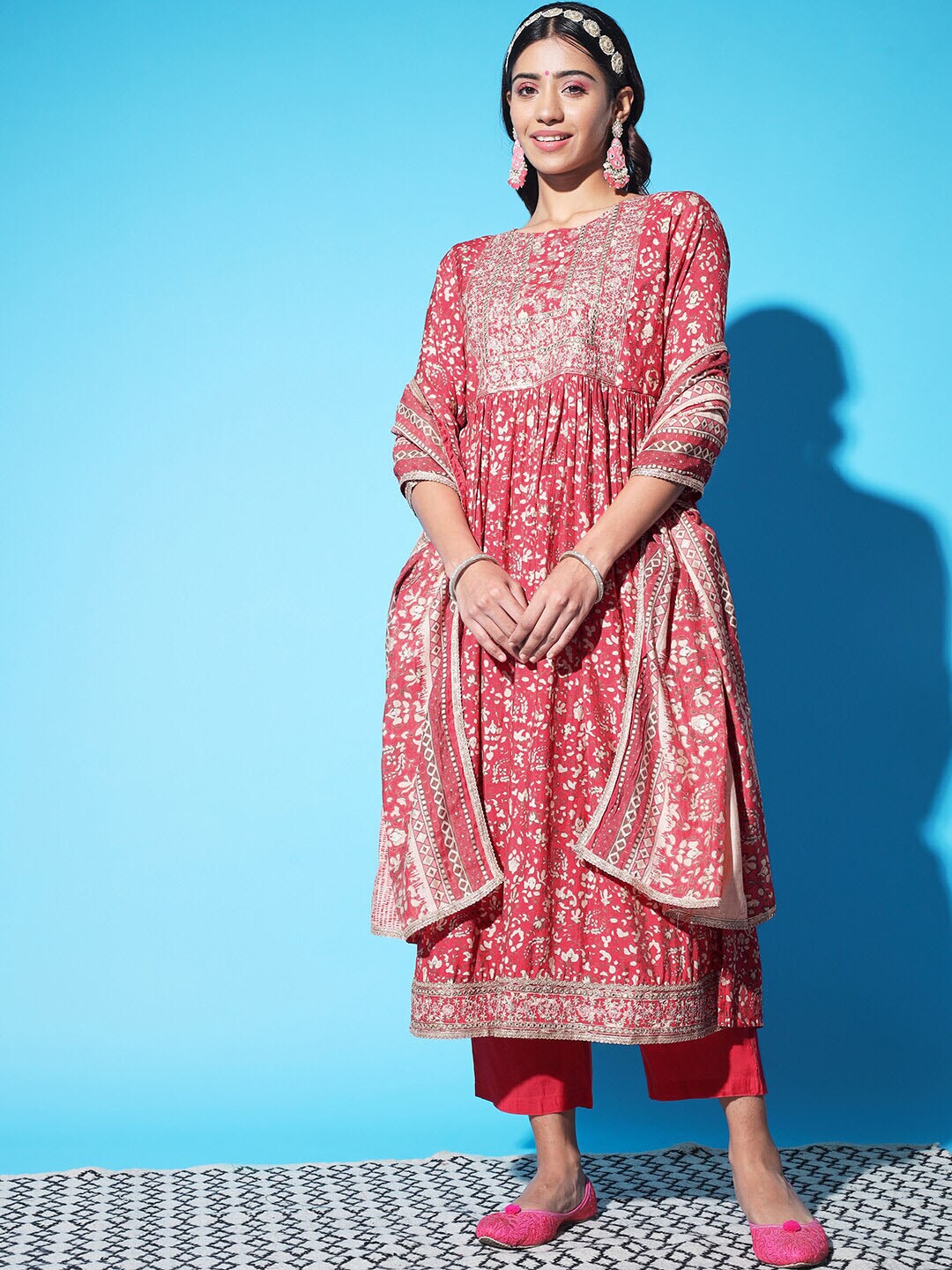 KALINI Women Pink Floral Embroidered Gotta Patti Kurta with Trousers & With Dupatta Price in India