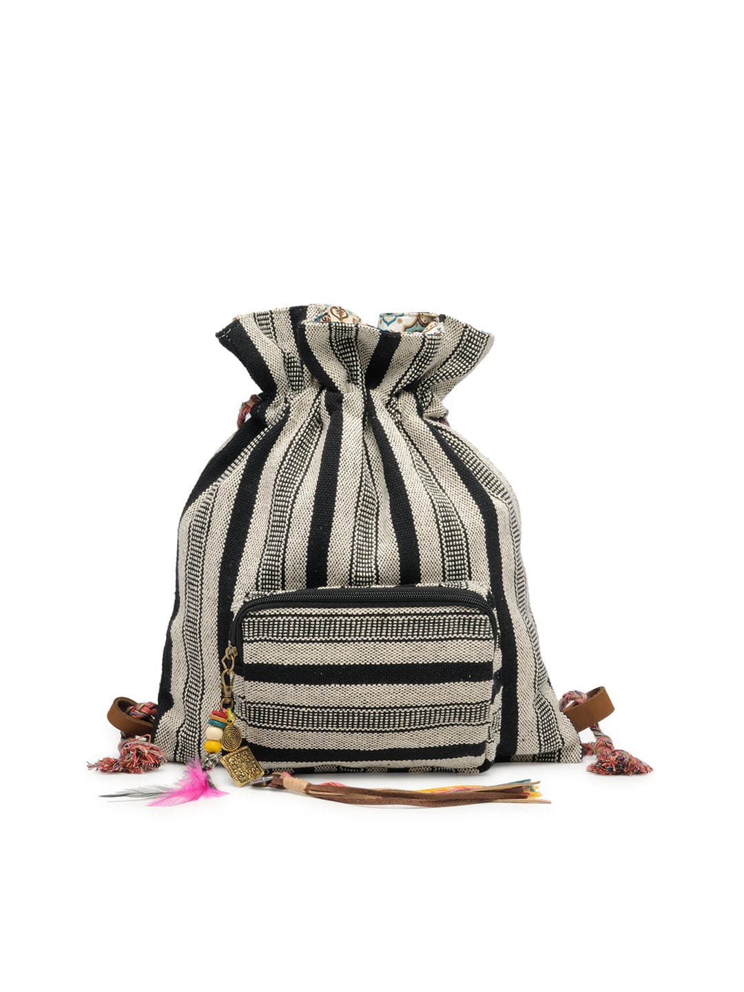 The House of Tara Women Grey & Black Self-Striped Backpack Price in India