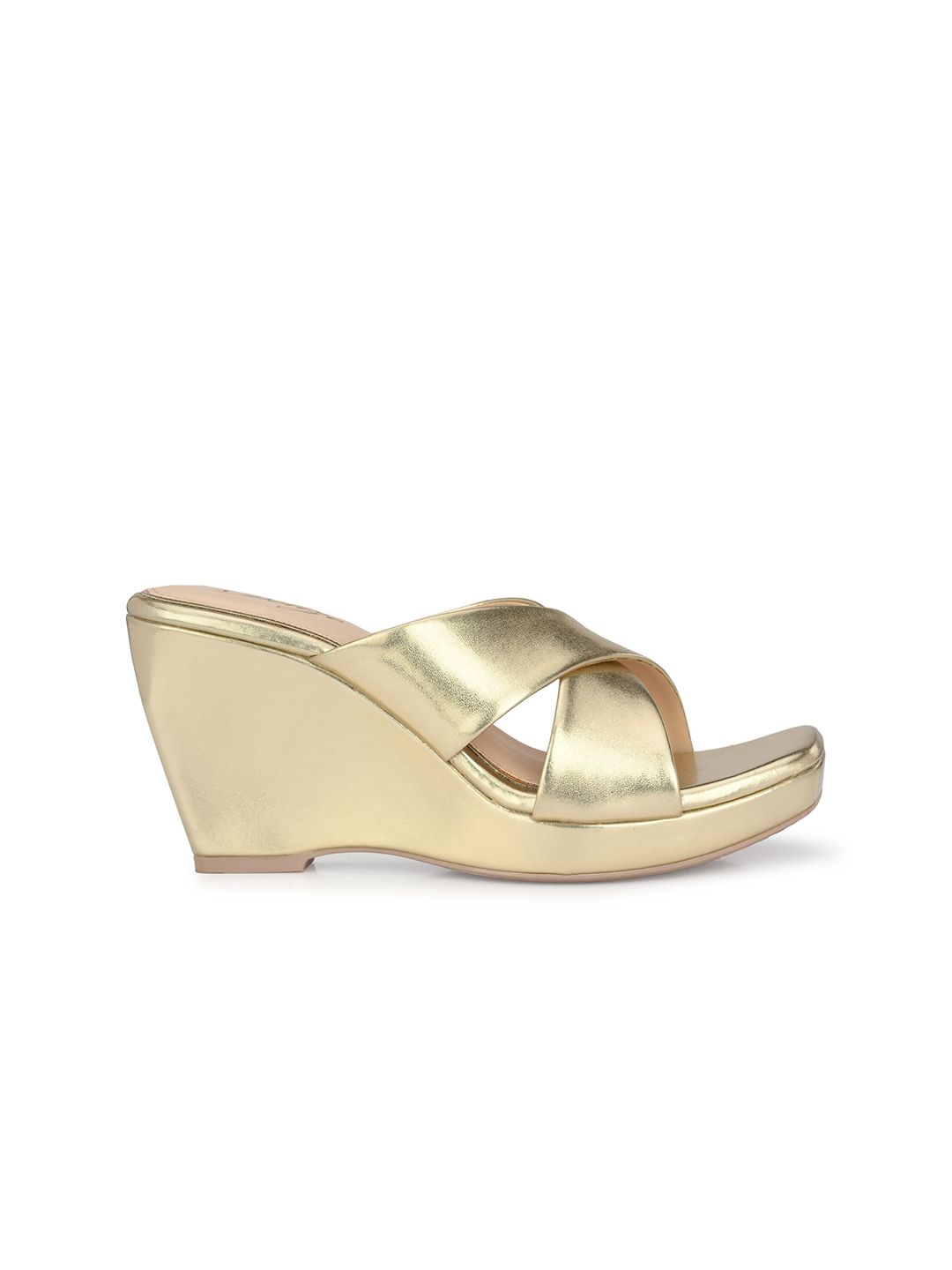 Delize Gold-Toned Vegan Leather Cross Strap Party Wedge Sandals