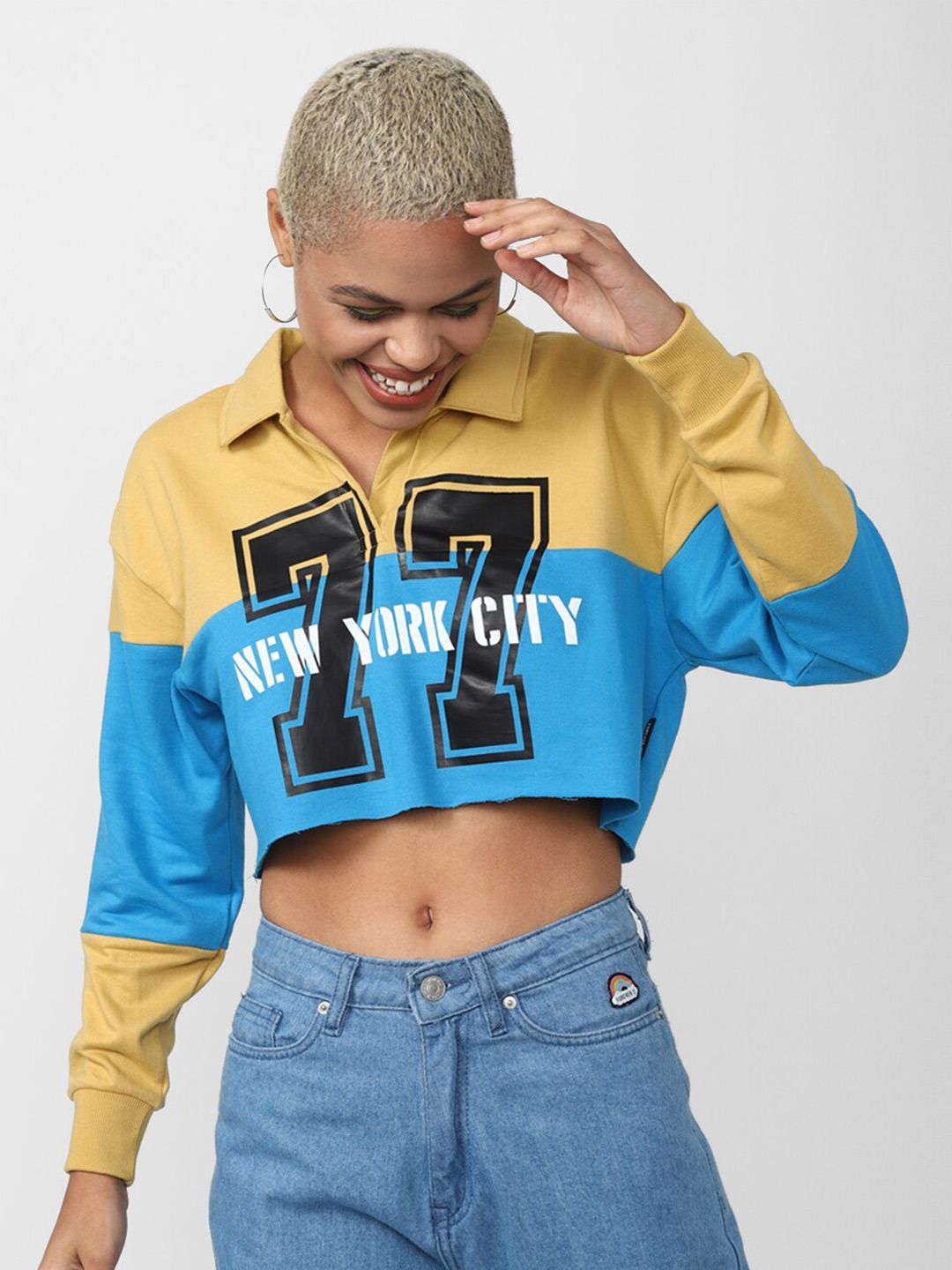 FOREVER 21 Yellow & Blue Print Boxy Crop Top Price in India