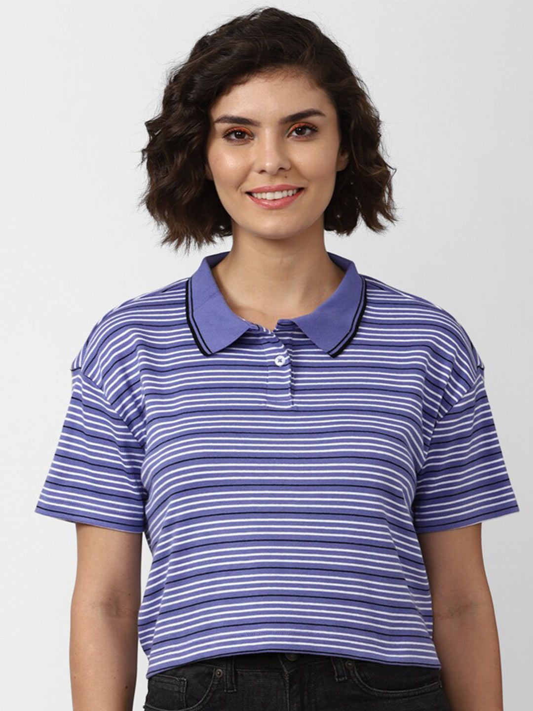 FOREVER 21 Shirt Collar Striped Top Price in India