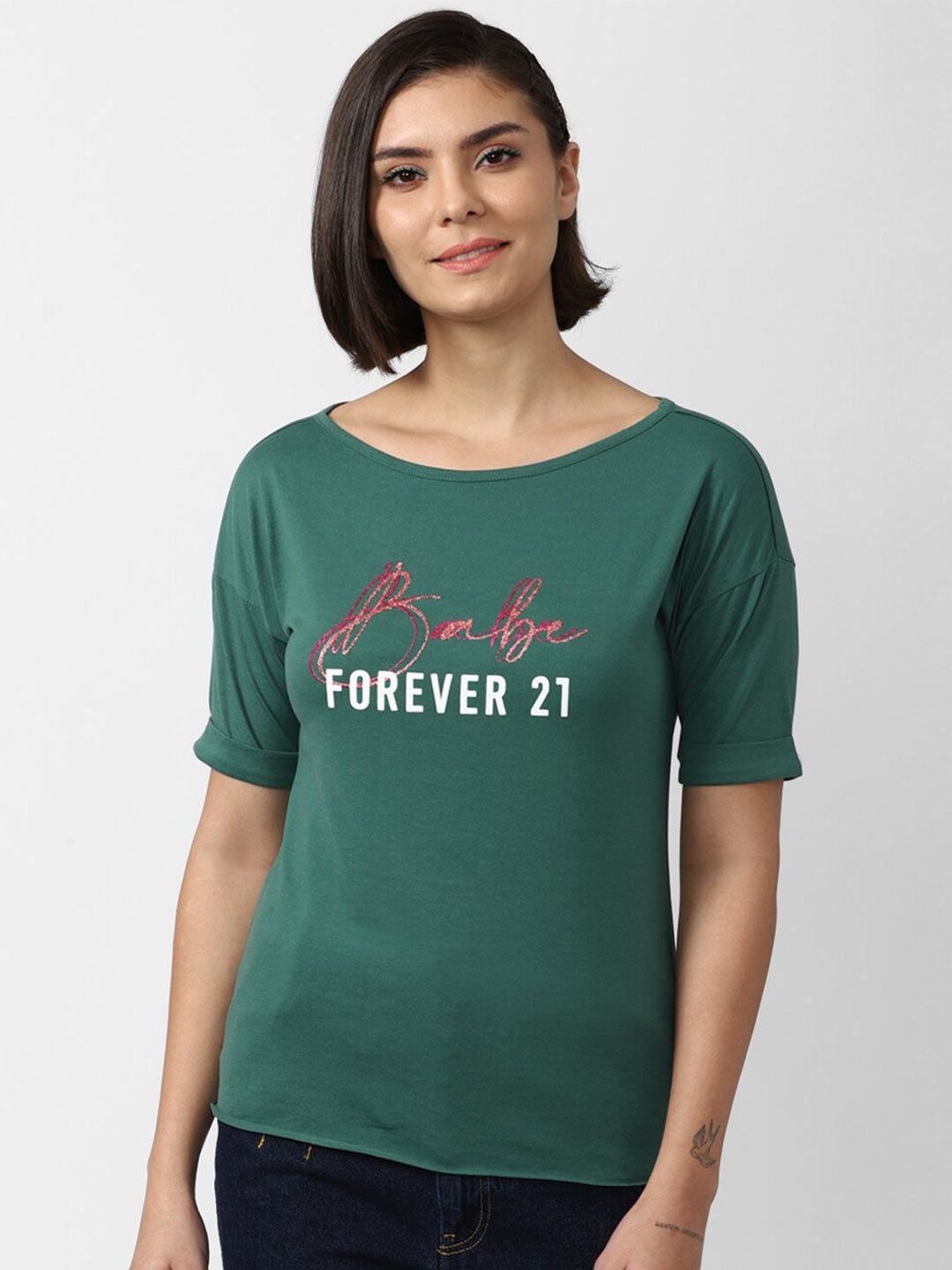 FOREVER 21 Typography Printed Boat Neck Top Price in India