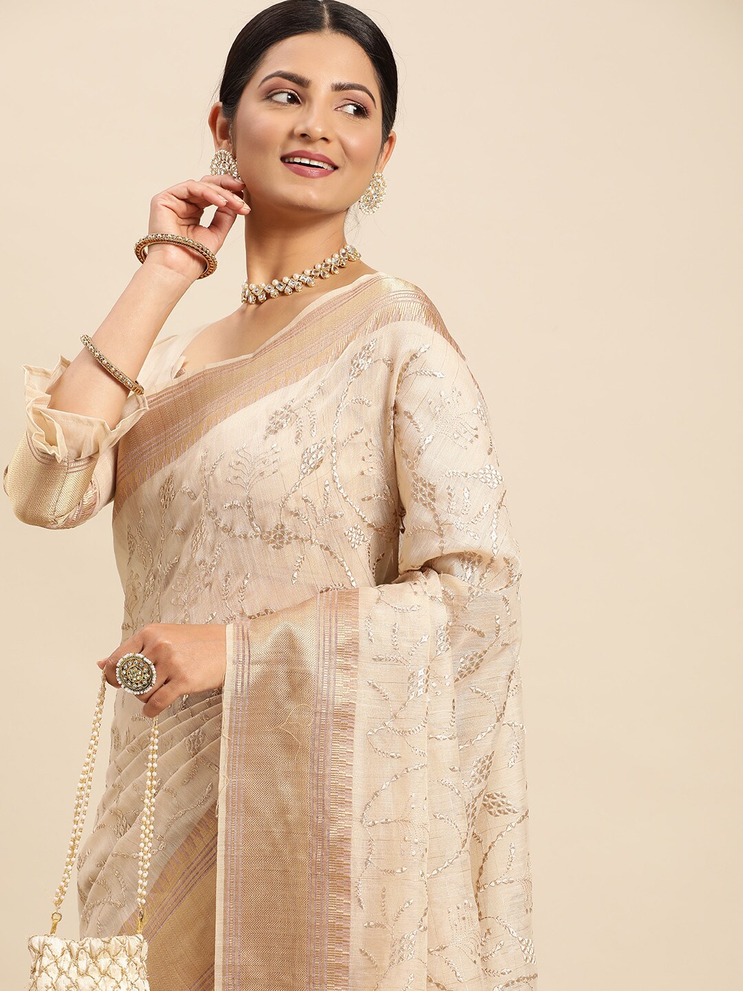 Mitera Beige Floral Sequinned Pure Linen Saree Price in India