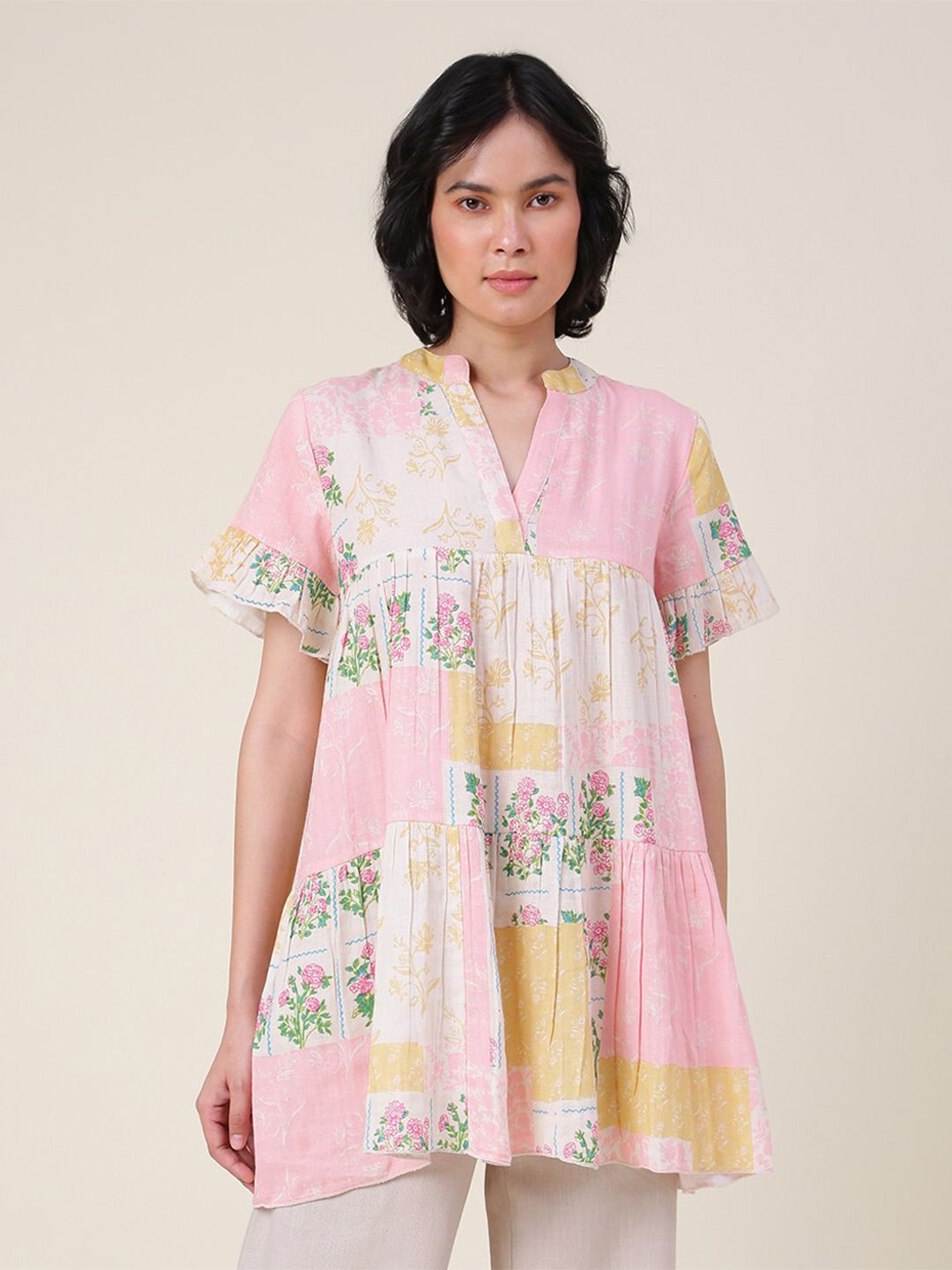 Fabindia Beige & Pink Mandarin Collar Printed Tunic Price in India