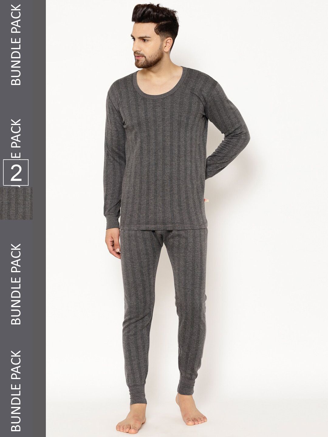 MACK JONNEY Men Pack Of 2 Striped Cotton Thermal Set