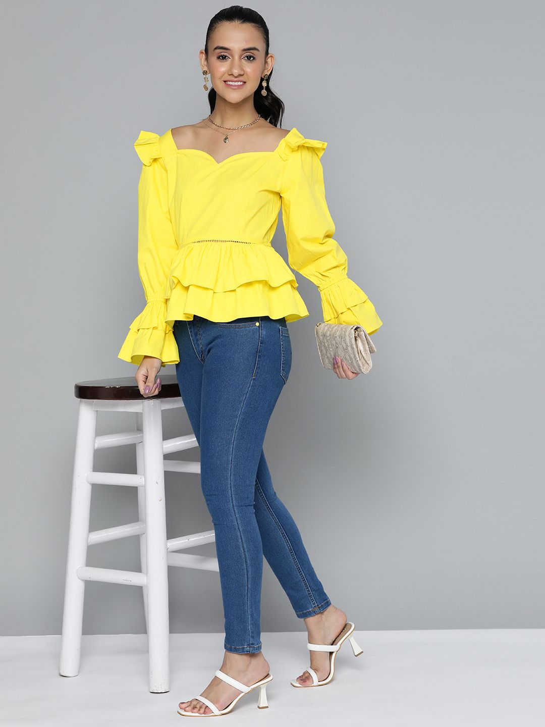 HERE&NOW Cotton Sweetheart Neck Ruffles Peplum Top Price in India