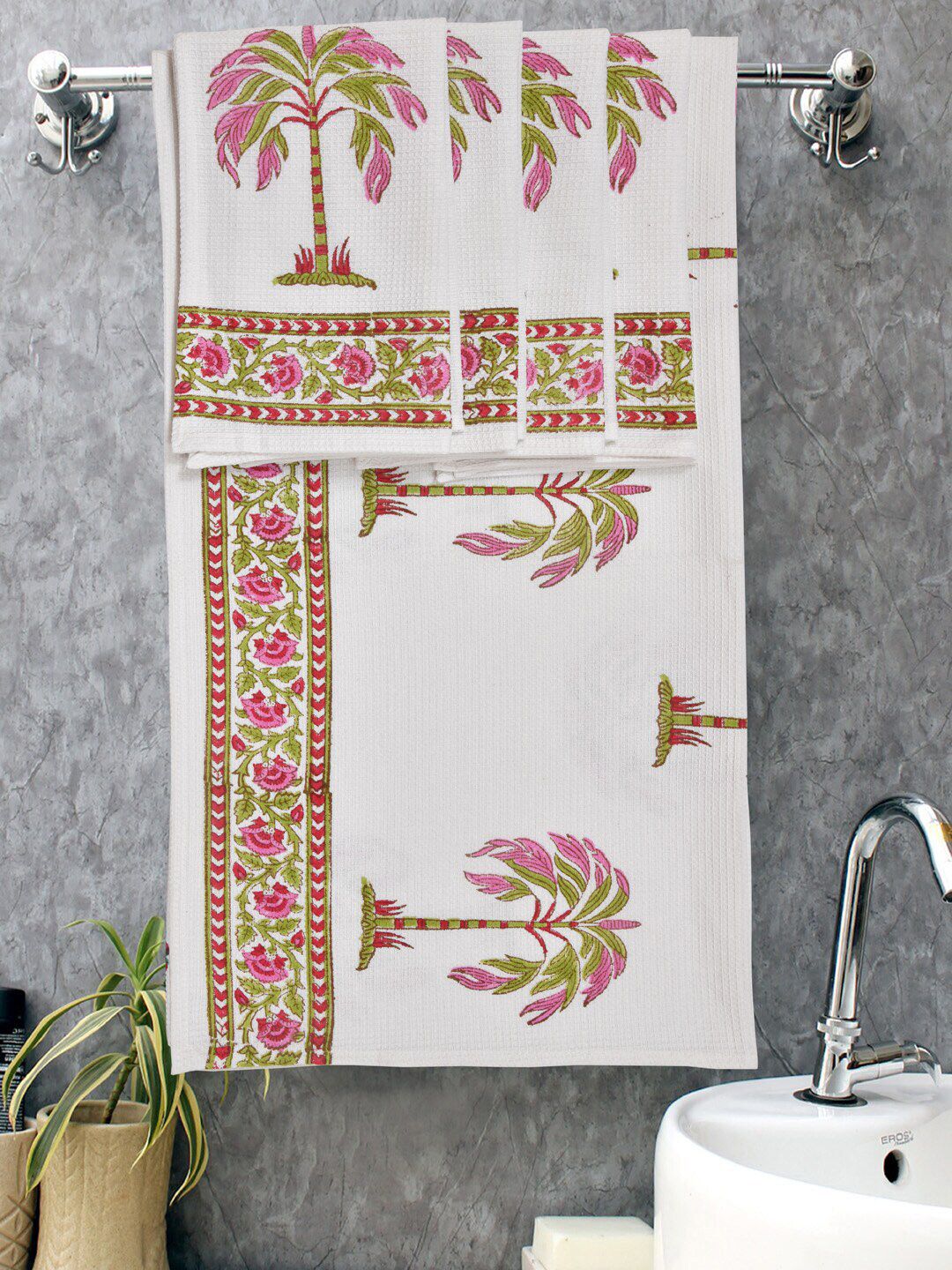 BLOCKS OF INDIA Pink & White Set Of 5 Printed 210 GSM Pure Cotton Towel Set