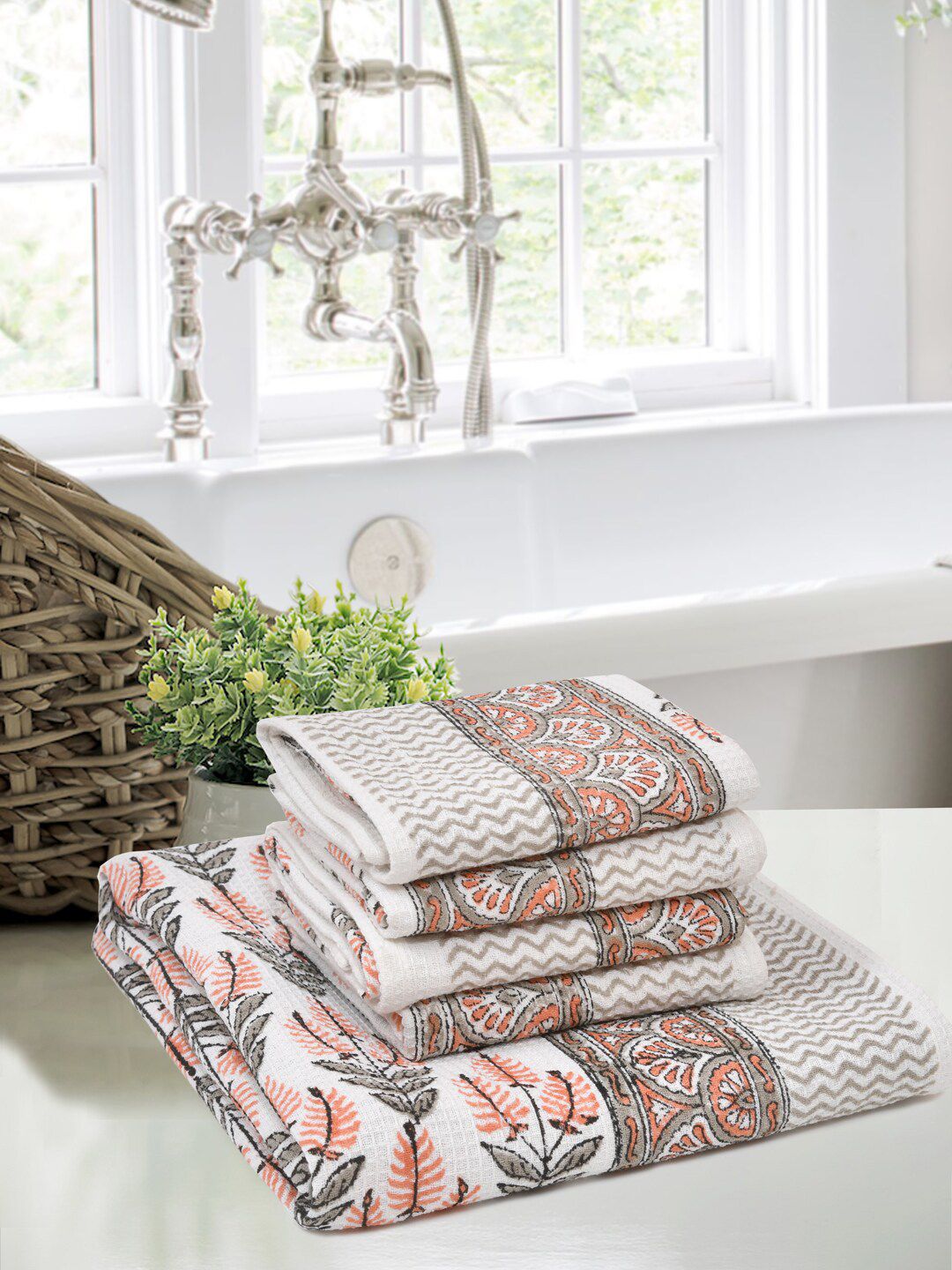BLOCKS OF INDIA Set Of 5 Printed Pure Cotton 210 GSM Towel Set