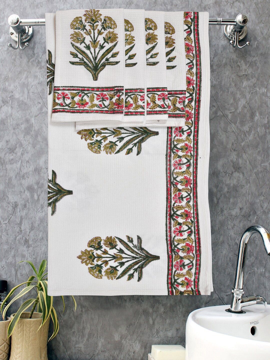 BLOCKS OF INDIA Set Of 5 Printed 210 GSM Pure Cotton Towel Set