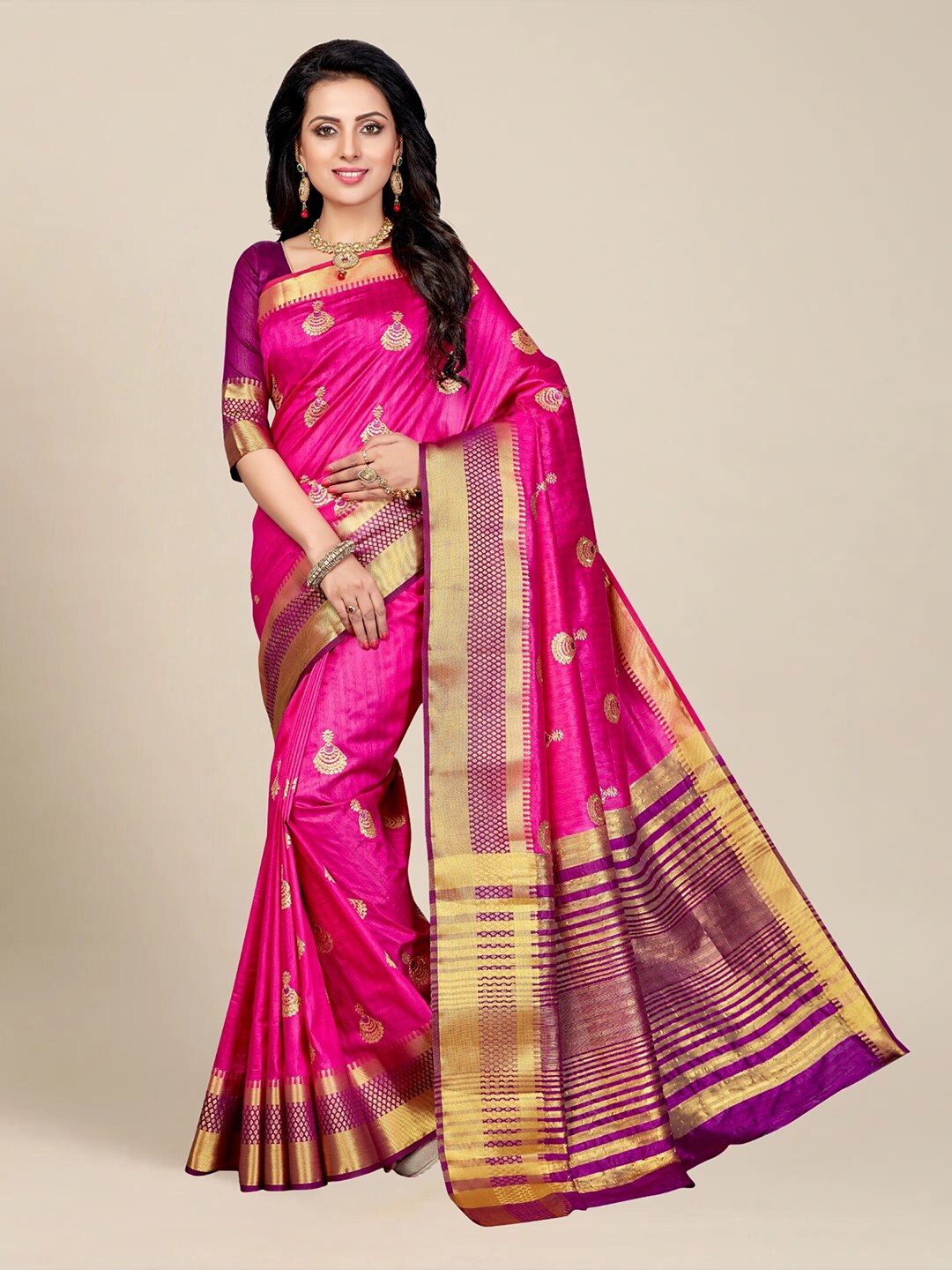 MS RETAIL Pink & Violet Woven Design Zari Silk Blend Kanjeevaram Saree Price in India