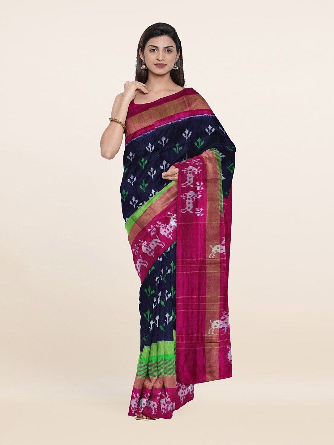 Pothys Navy Blue & Pink Ethnic Motifs Zari Pure Silk Saree Price in India
