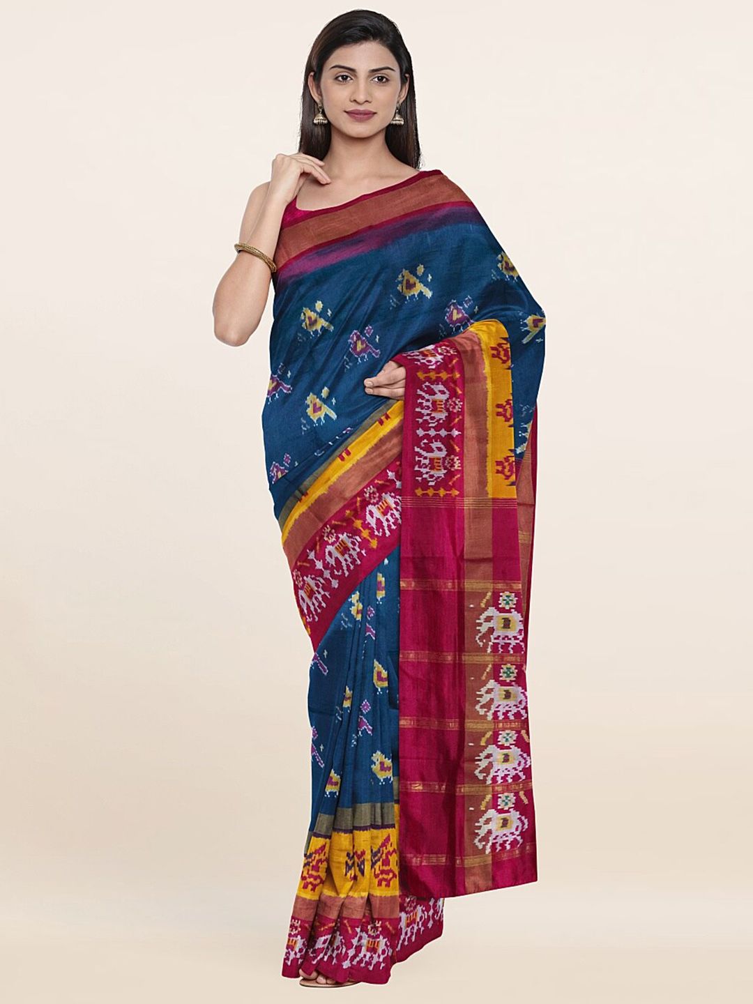 Pothys Blue & Red Floral Zari Pure Silk Saree Price in India