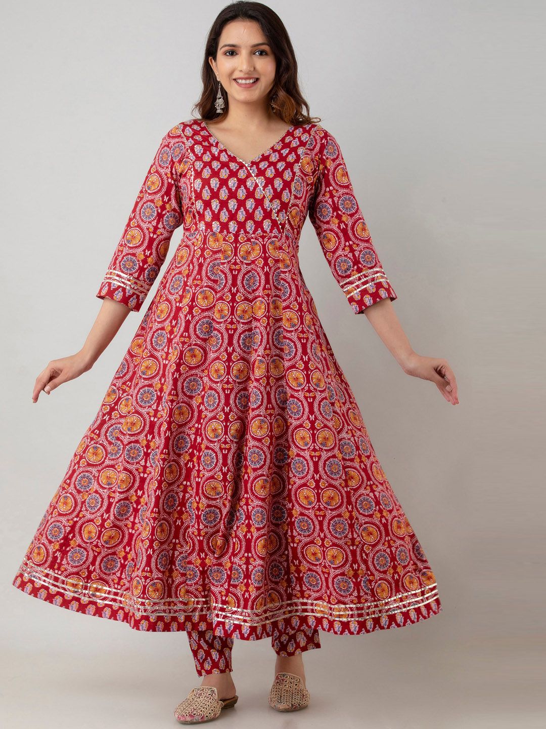 KALINI Women Maroon Floral Printed Pure Cotton Kurta with Trousers