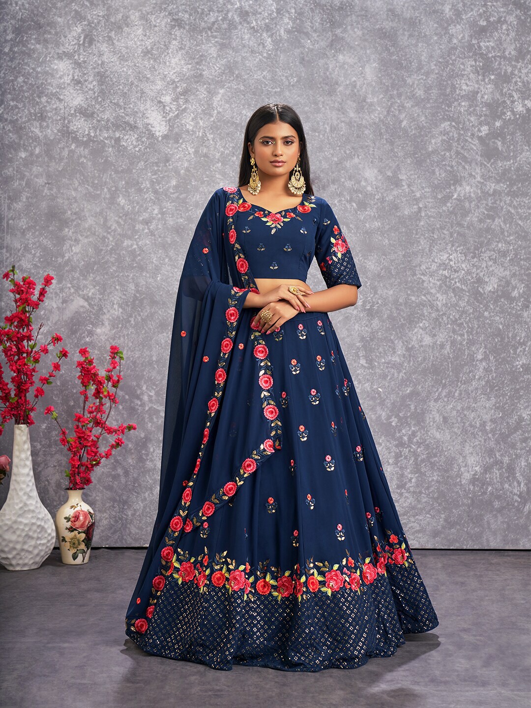 SHUBHKALA Embroidered Sequinned Semi-Stitched Lehenga & Unstitched Blouse With Dupatta Price in India