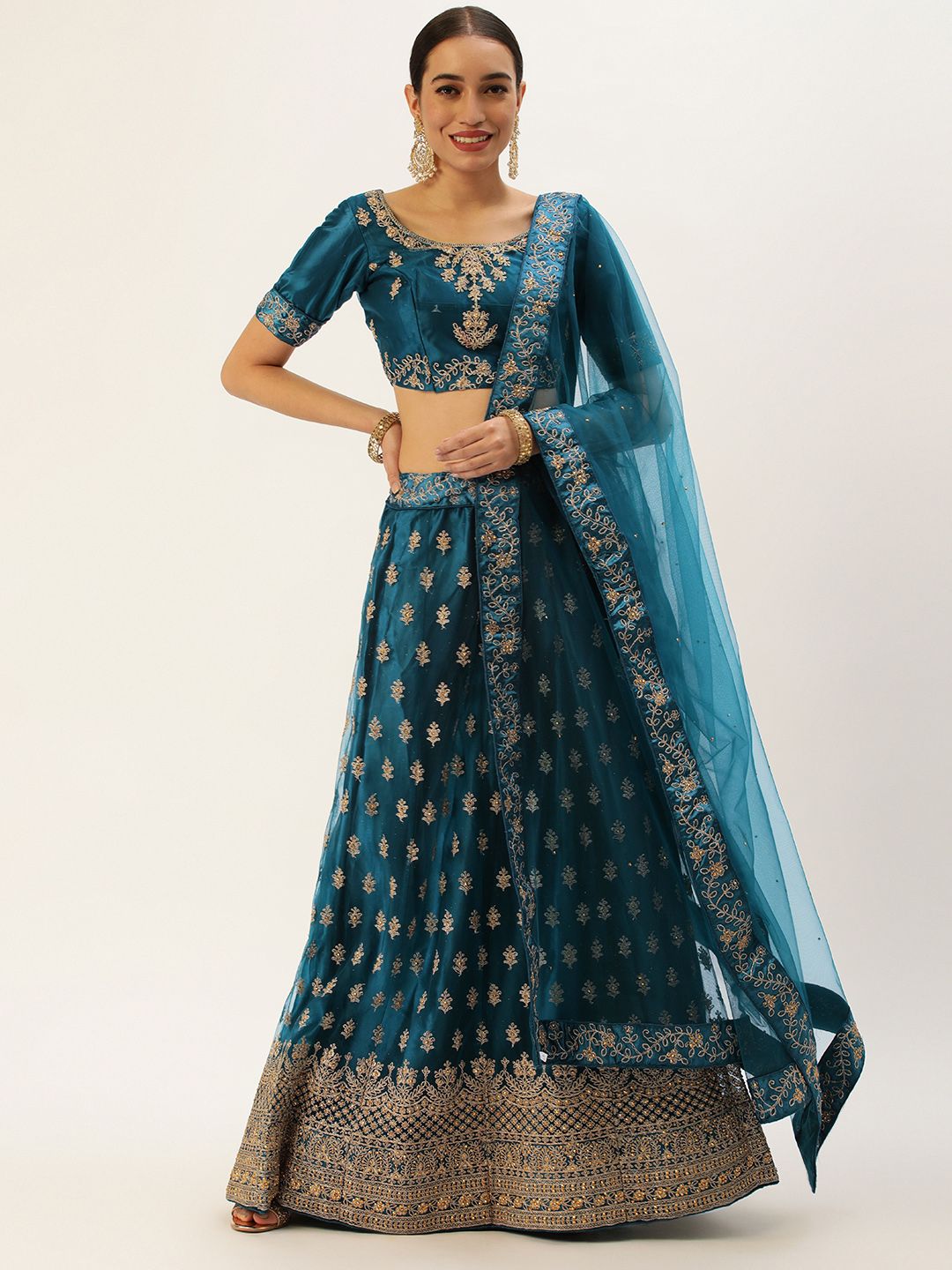 Pothys Embroidered Thread Work Unstitched Lehenga & Blouse With Dupatta Price in India