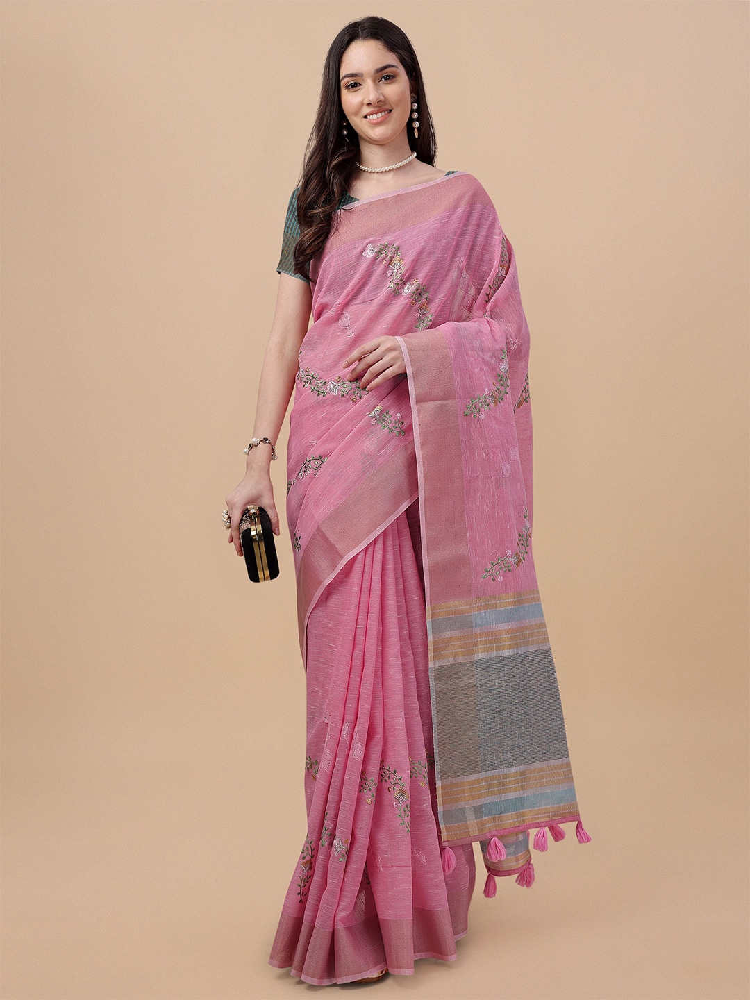 Mitera Floral Zari Pure Linen Saree Price in India
