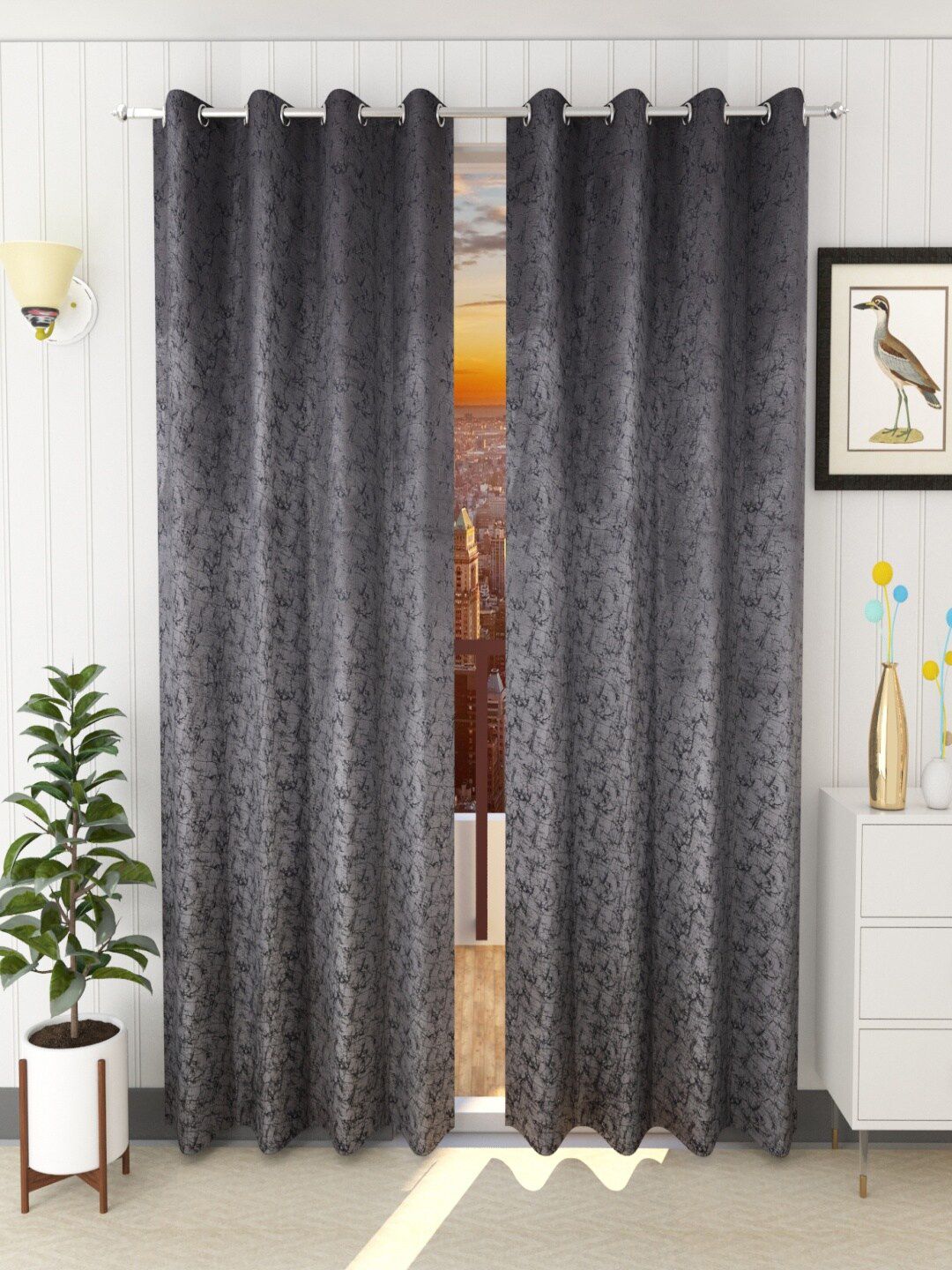 Homefab India Homefab India Grey & Black Set of 2 Room Darkening Long Door Curtains 9 Feet