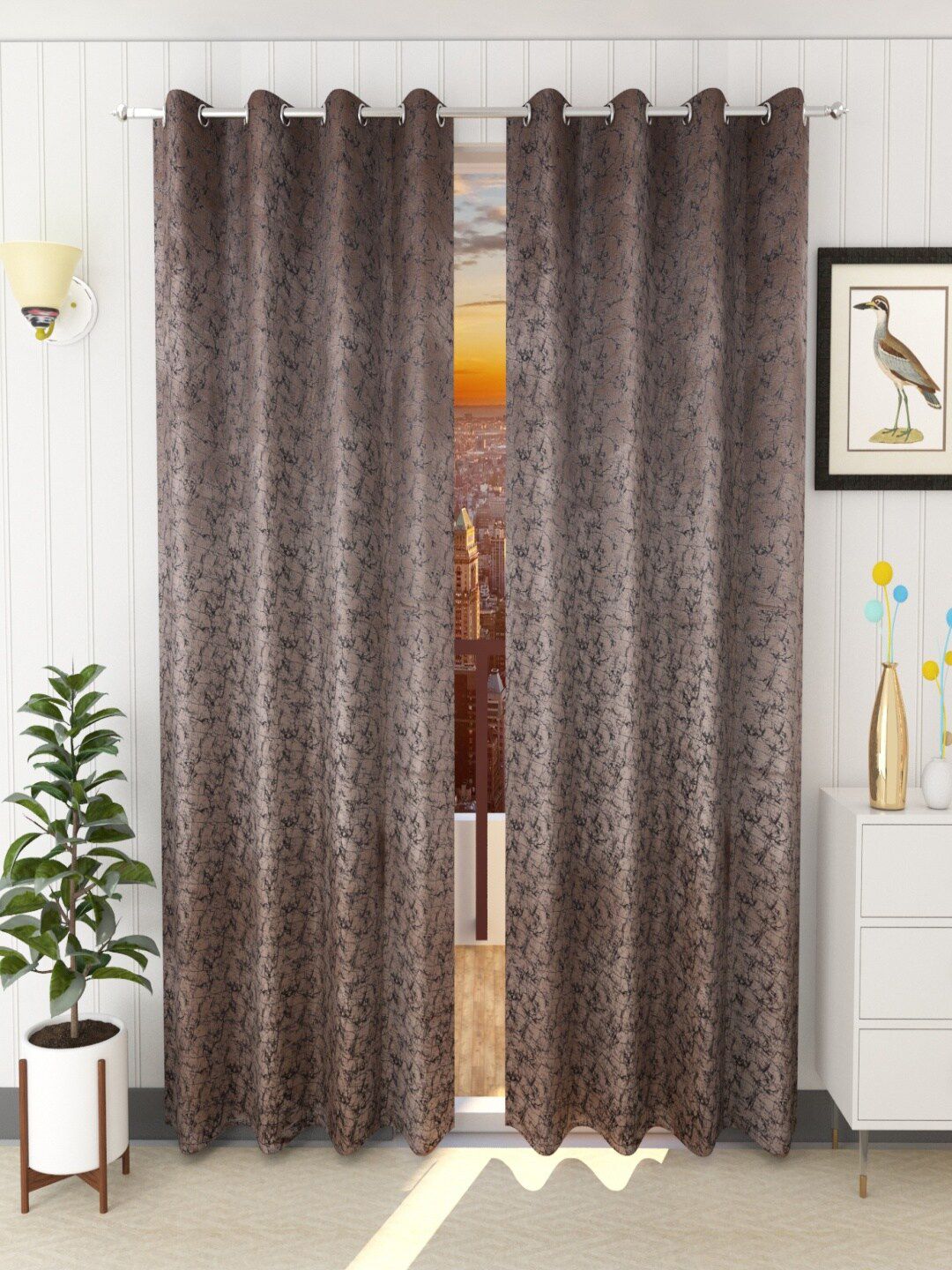 Homefab India Homefab India Brown & Black Set of 2 Room Darkening Long Door Curtains 9 Feet