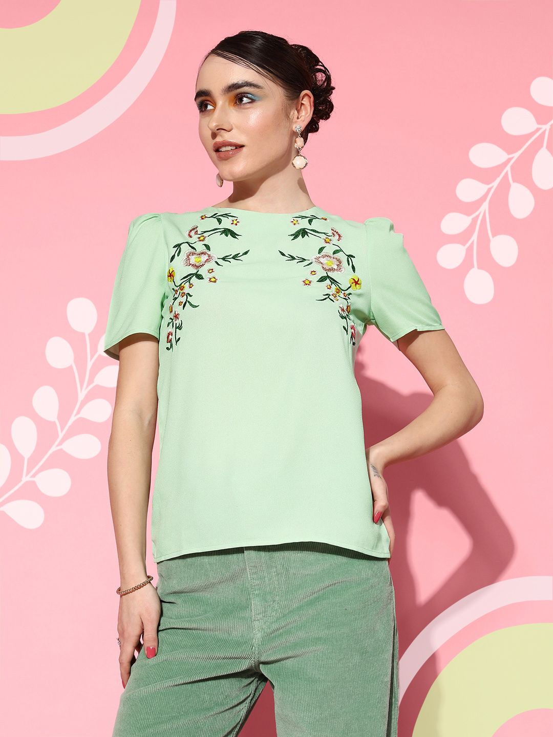 Berrylush Floral Embroidered Puff Sleeves Crepe Top Price in India