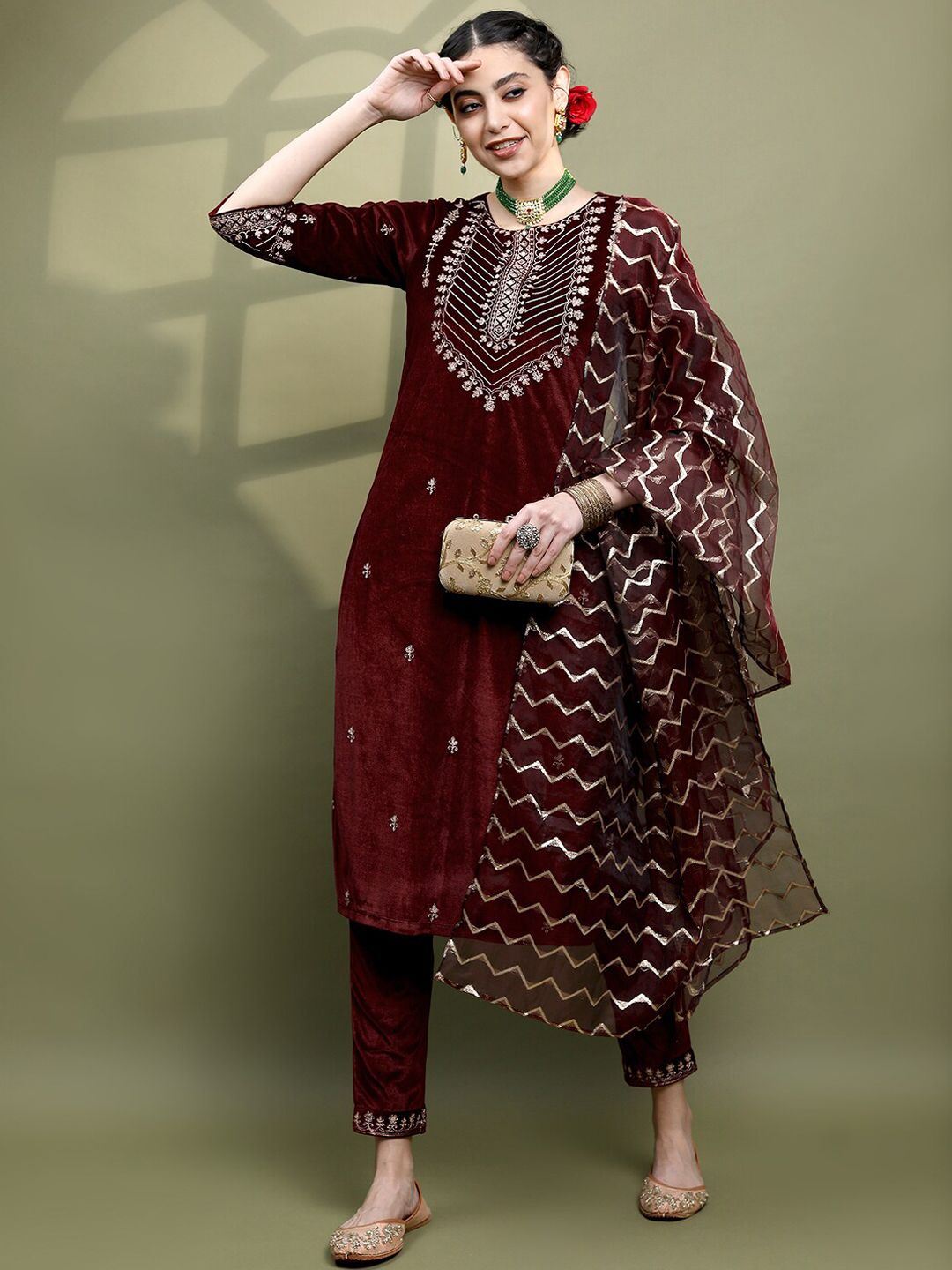 Vishudh Women Floral Embroidered Knitted Velvet Kurta with Trousers & With Dupatta Price in India