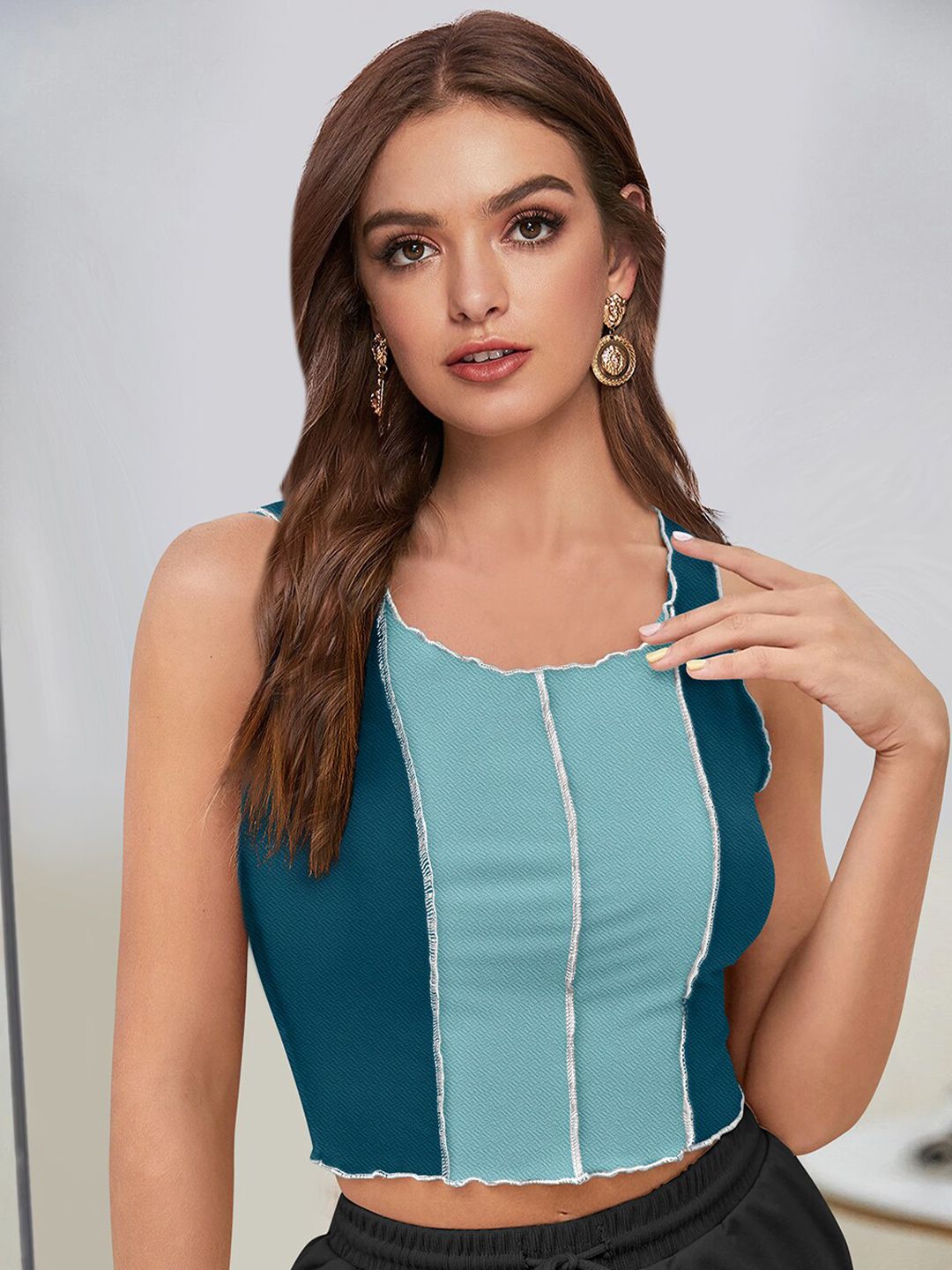 FAVRIZ Turquoise Colourblocked Crop Fitted Top Price in India