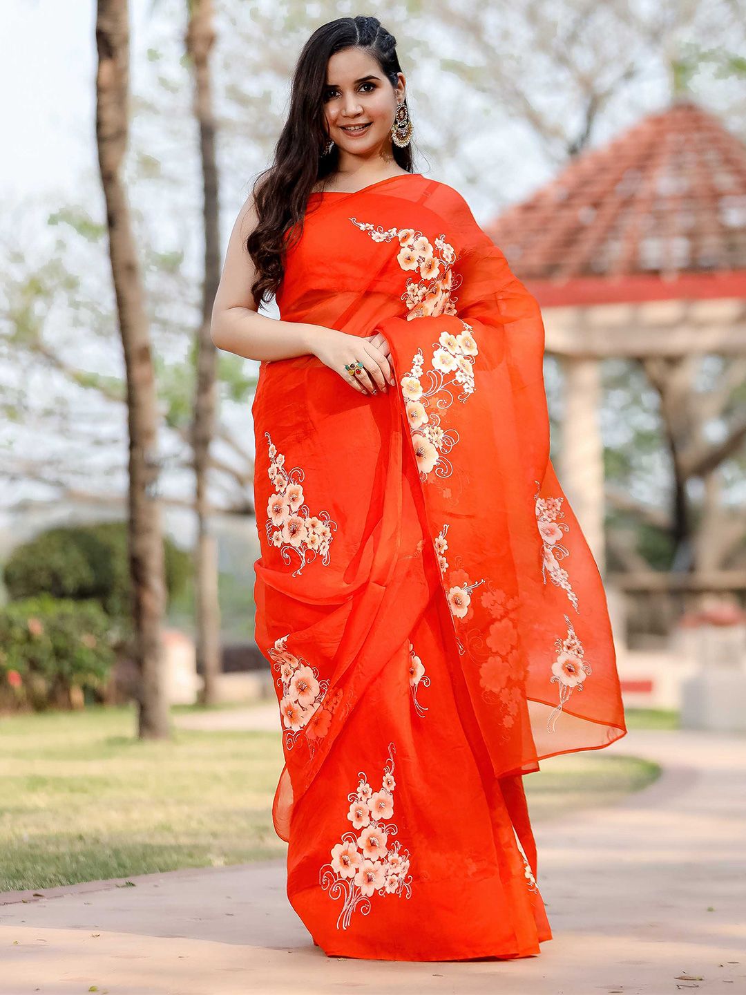 AACHHO Women Orange Magnolia Embellished Handpainted Organza Silk Saree Price in India