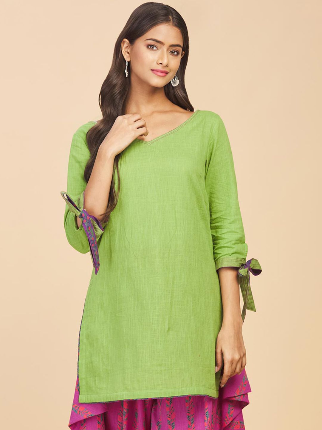 Fabindia Women Green V-Neck Pure Cotton Kurti Price in India