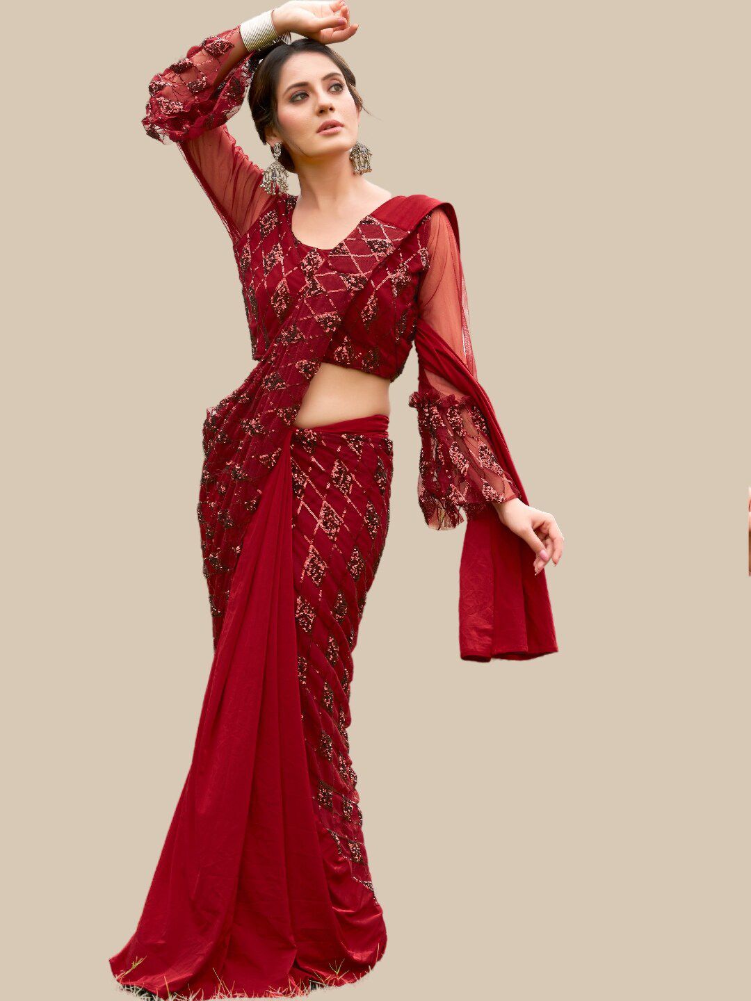 Chhabra 555 Embellished Sequinned Net Ready to Wear Saree Price in India