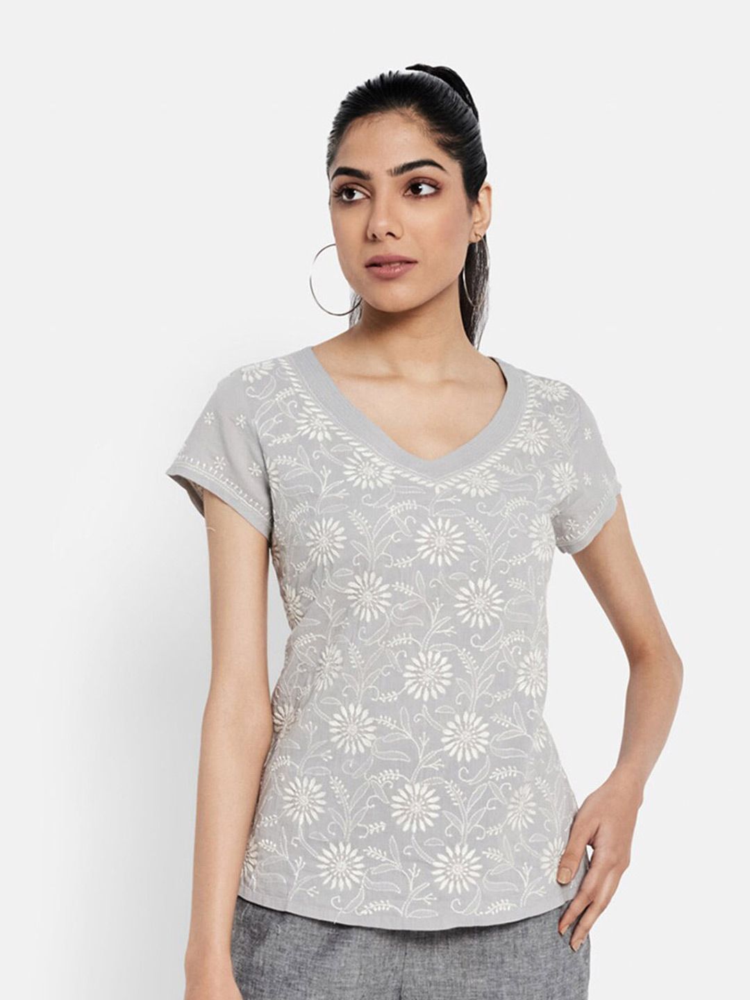 Fabindia Floral Printed V-Neck Pure Cotton Tops Price in India