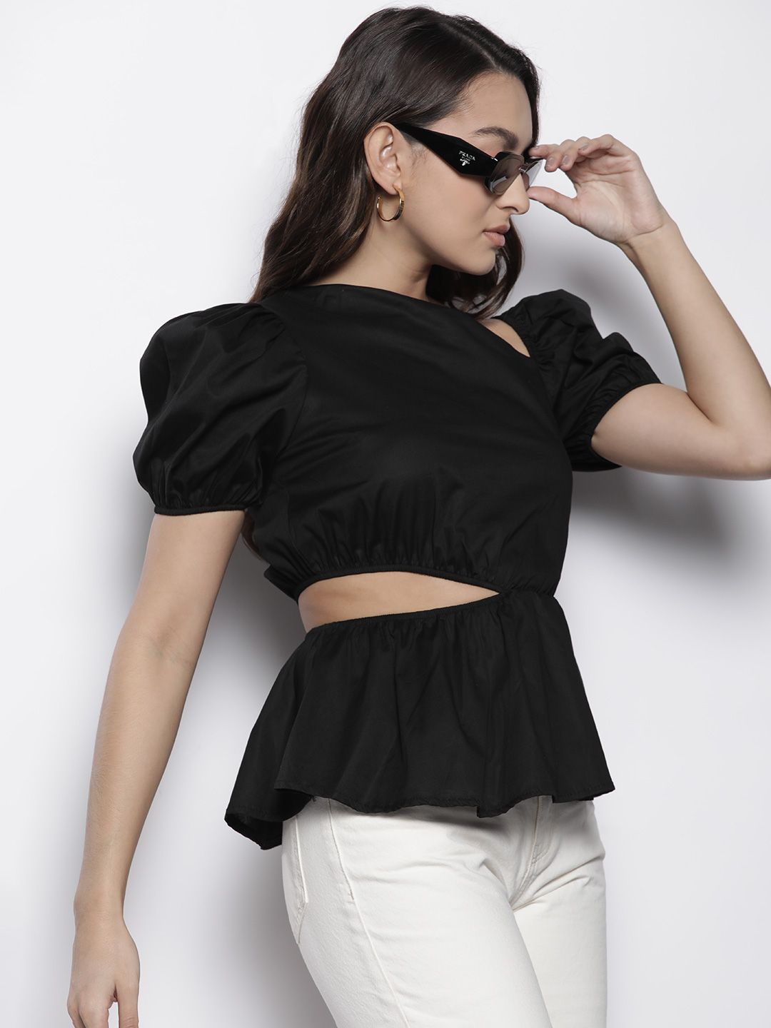 Boohoo Black Asymmetric Neckline Cut-Out A-Line Top Price in India