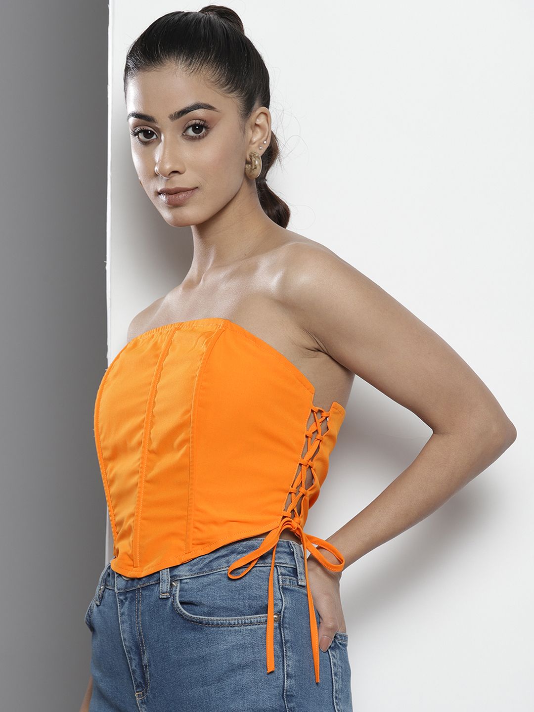 Boohoo Lace Up Seam Detail Corset Bandeau Top Price in India