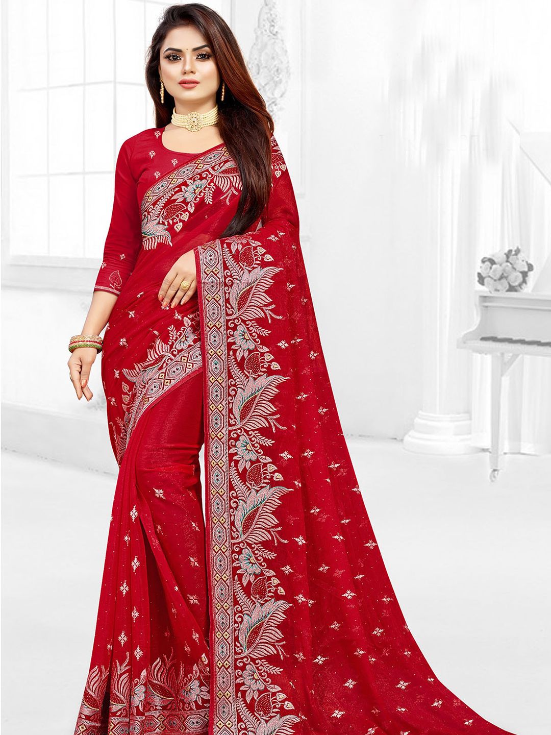 ODETTE Ethnic Motifs Embroidered Art Silk Saree Price in India