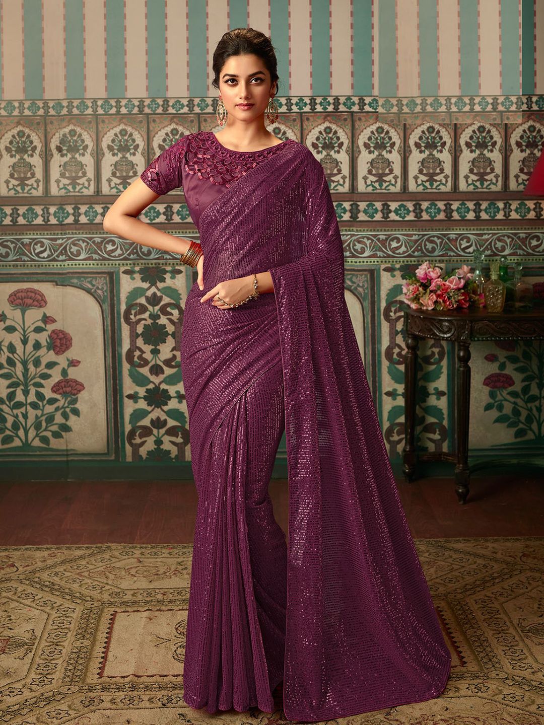 ODETTE Embellished Sequinned Satin Heavy Work Saree Price in India