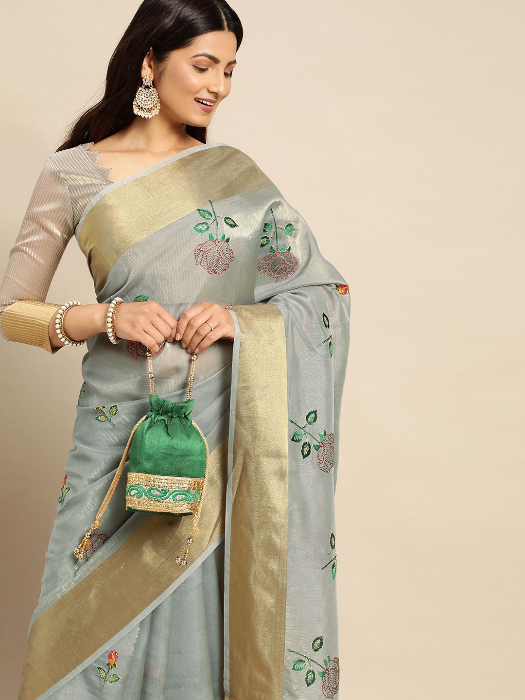 Mitera Floral Embroidered Linen Silk Saree Price in India