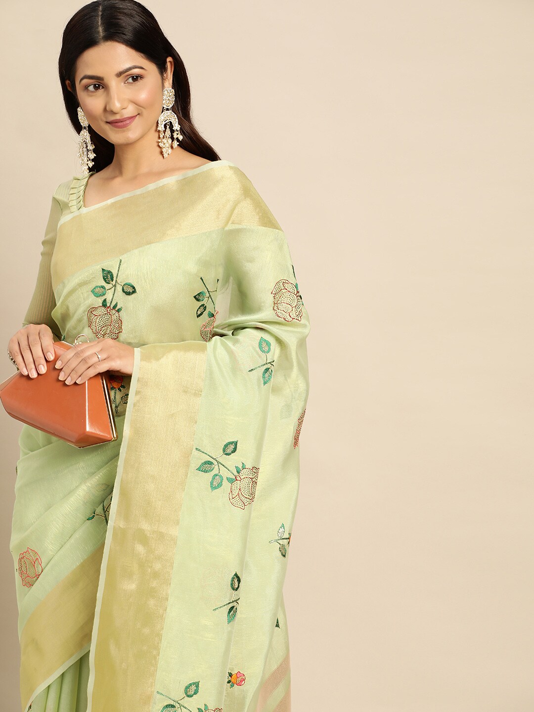Mitera Floral Embroidered Linen Silk Saree Price in India