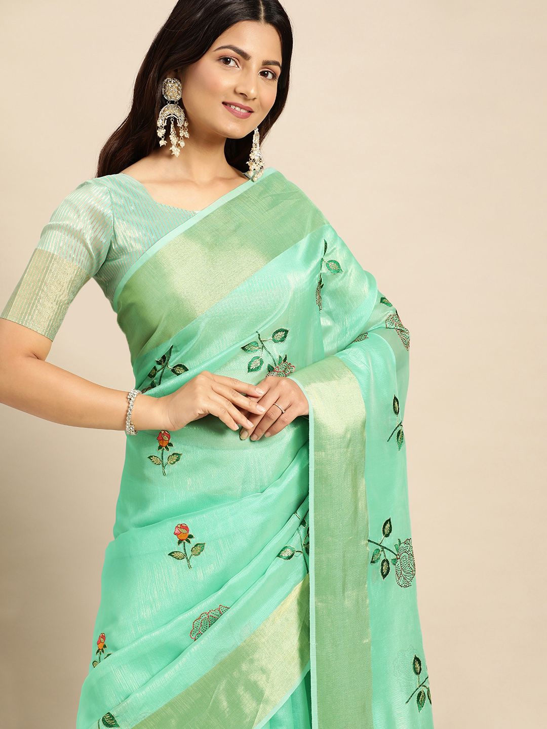 Mitera Floral Embroidered Linen Silk Saree Price in India