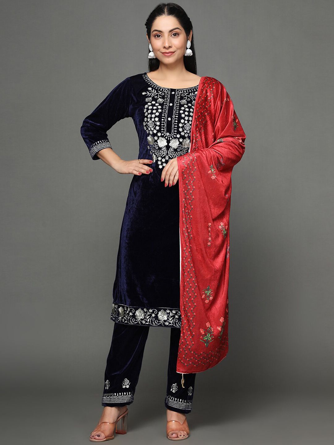 Ziva Fashion Women Embroidered Thread Work Velvet Kurta with Trousers & With Dupatta Price in India