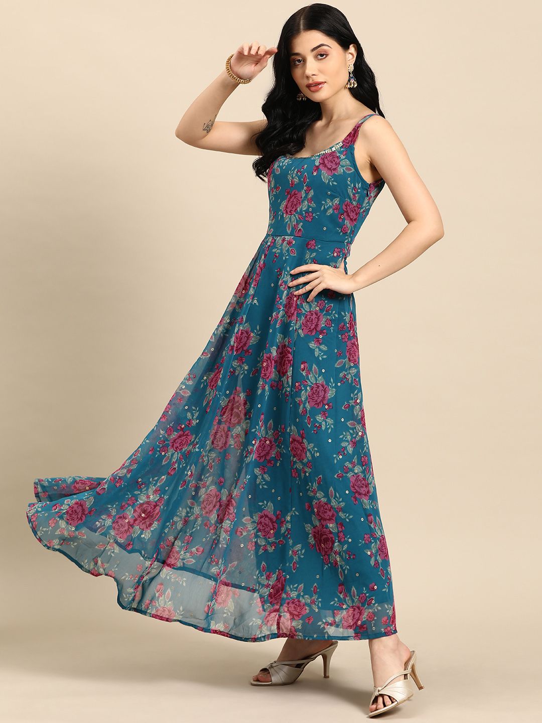 all about you Blue & Mustard Yellow Floral Print A-Line Maxi Dress