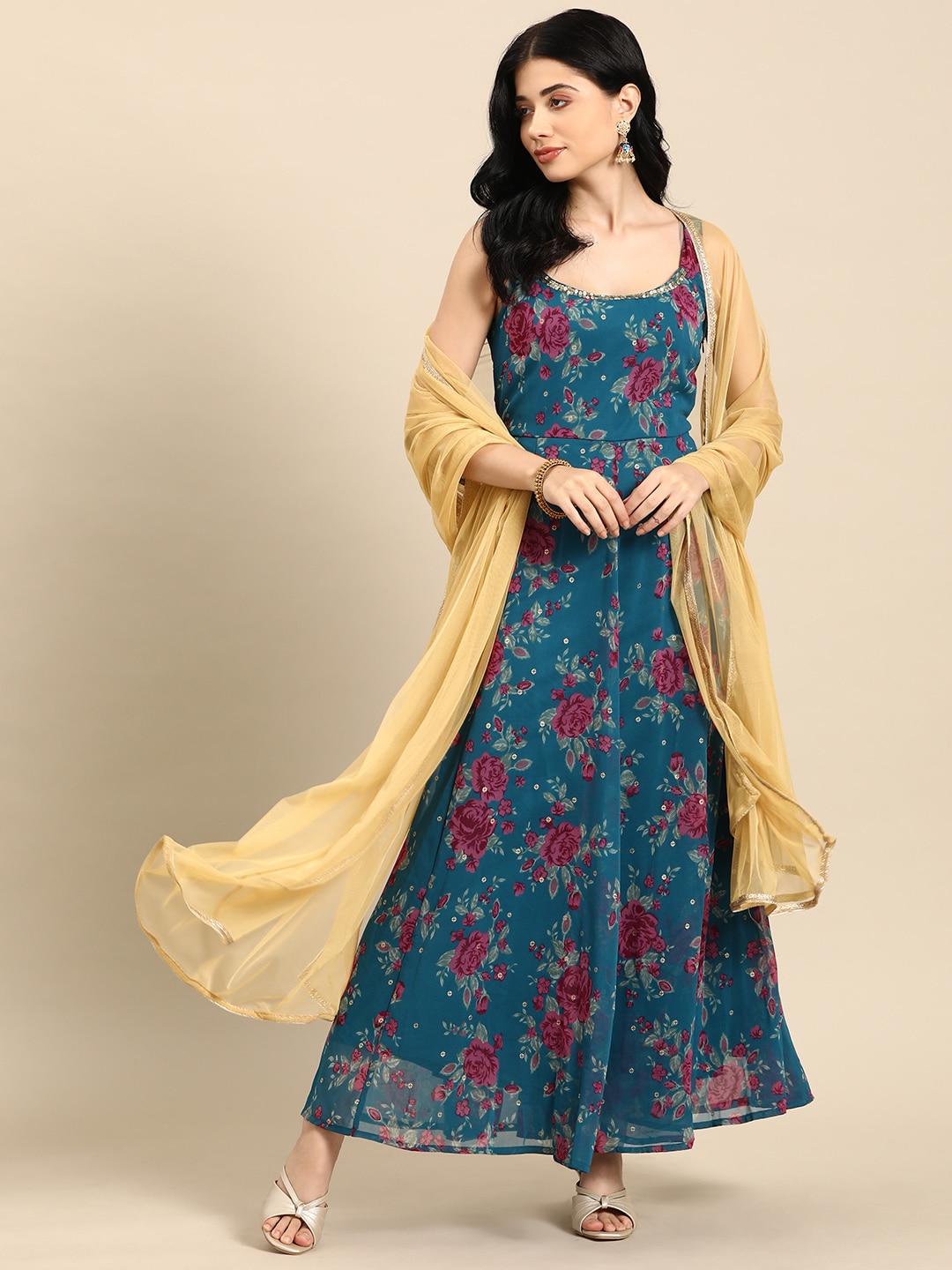 all about you Blue & Mustard Yellow Floral Print A-Line Maxi Dress Price in India