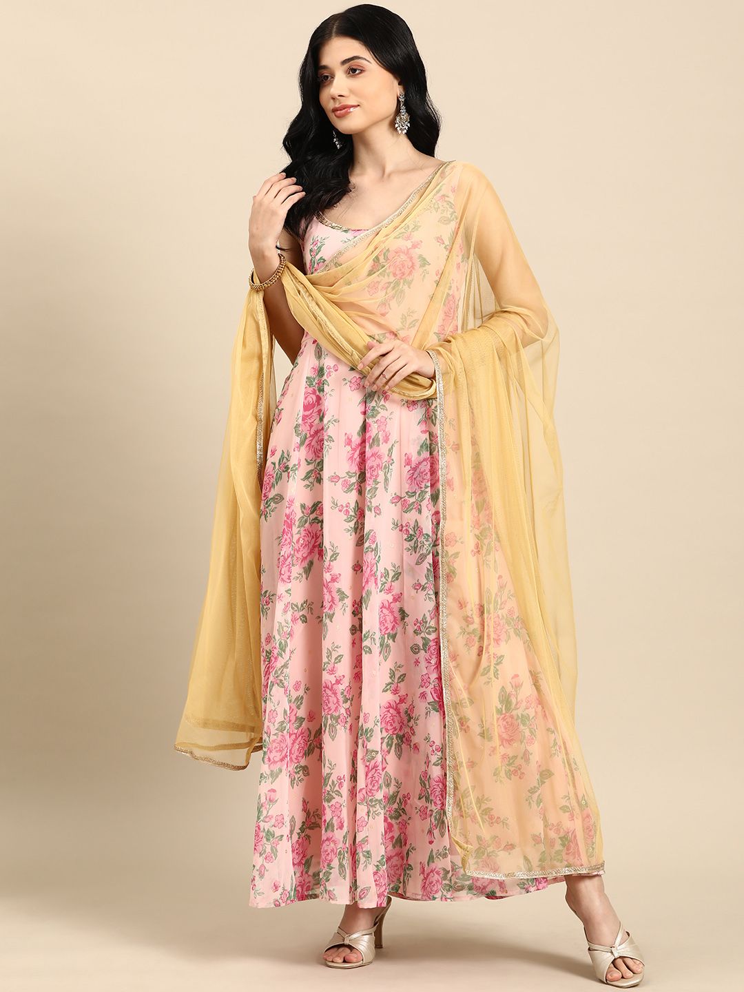 all about you Pink & Mustard Yellow Floral Print A-Line Maxi Dress Price in India