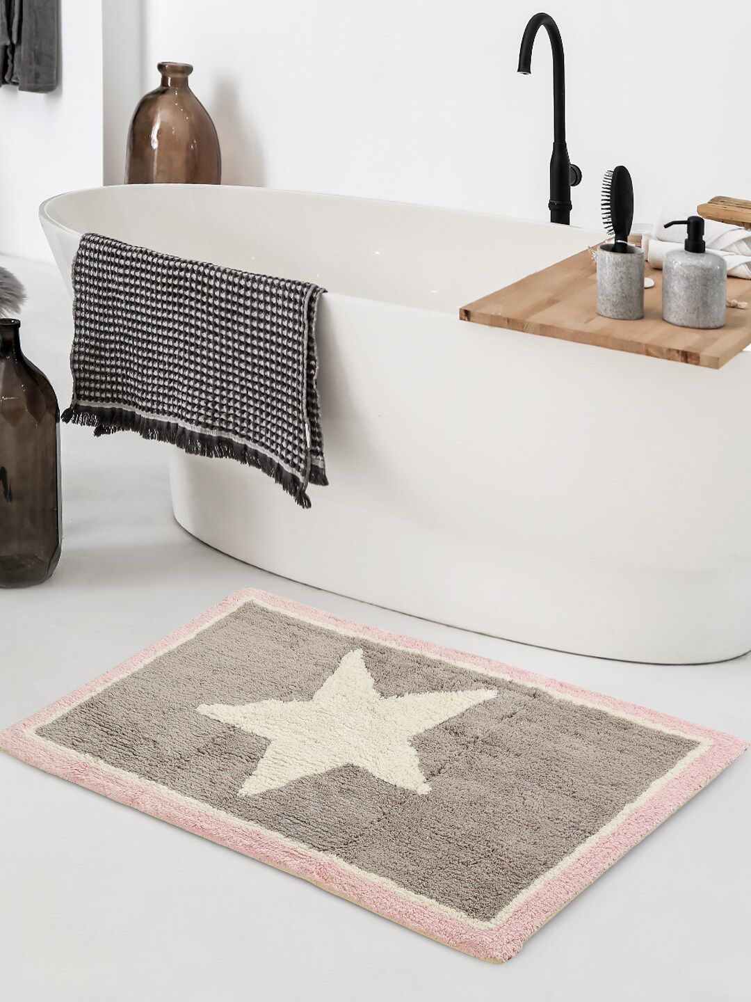 SASHAA WORLD  Beige Self-Design Cotton Bath Rugs