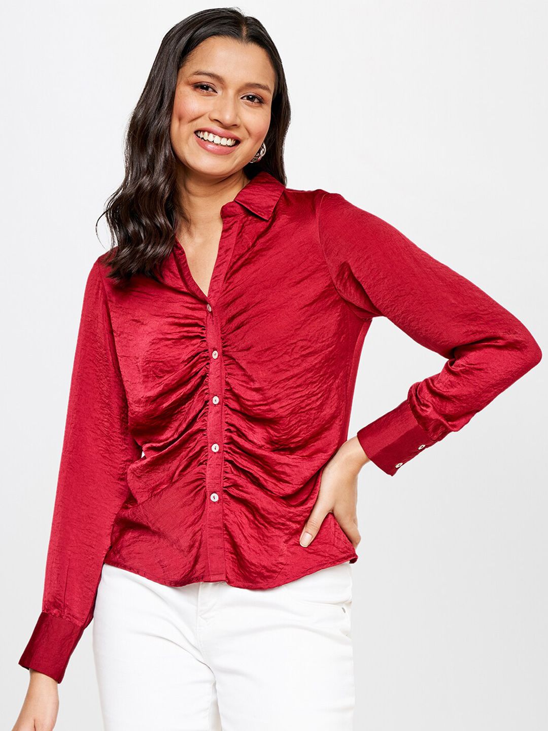 AND Maroon Shirt Style  Long Cuffed Sleeves Top Price in India