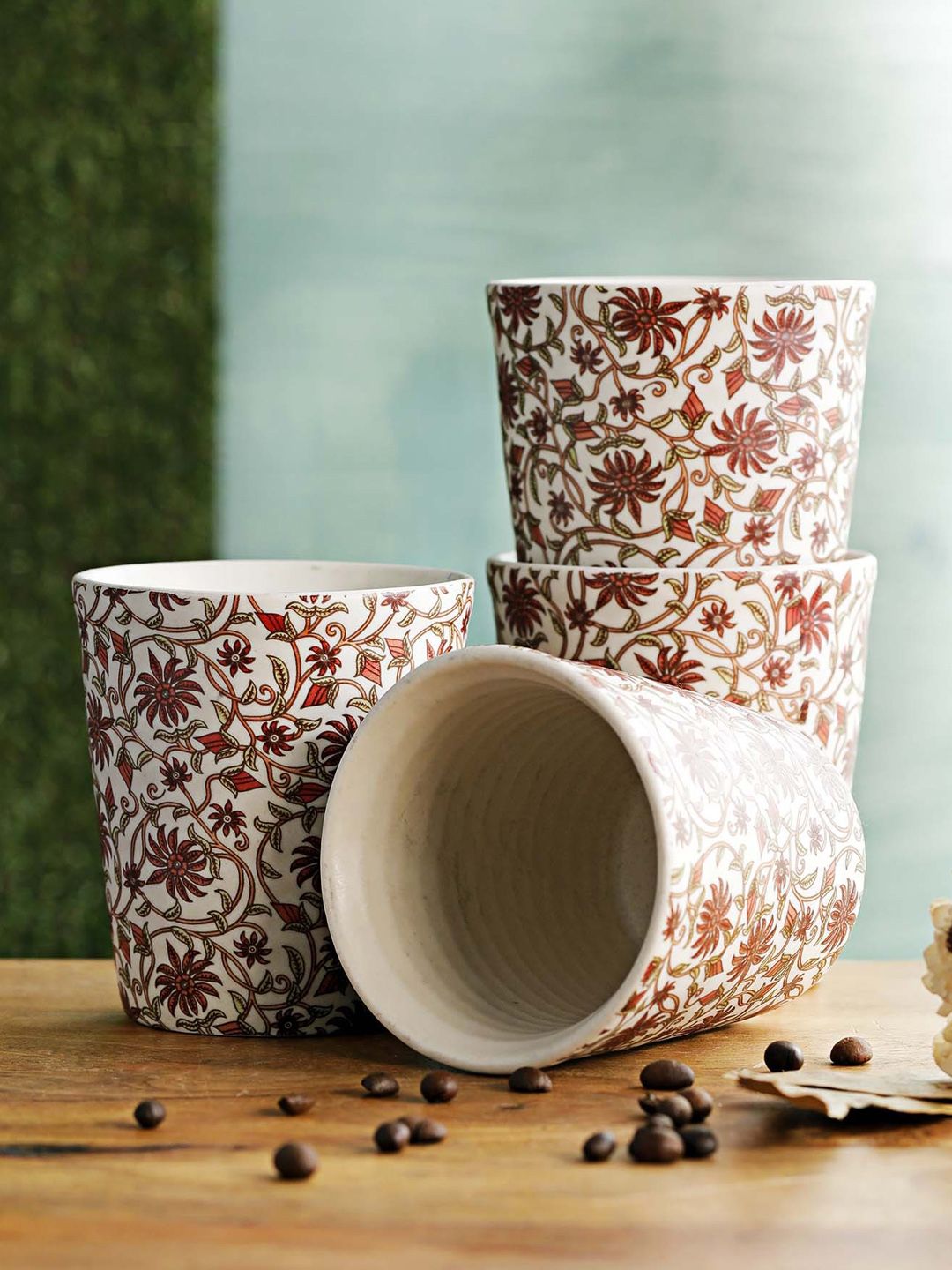 MIAH Decor Off-White & Maroon Set of 4 Handcrafted Ceramic Tumblers Price in India